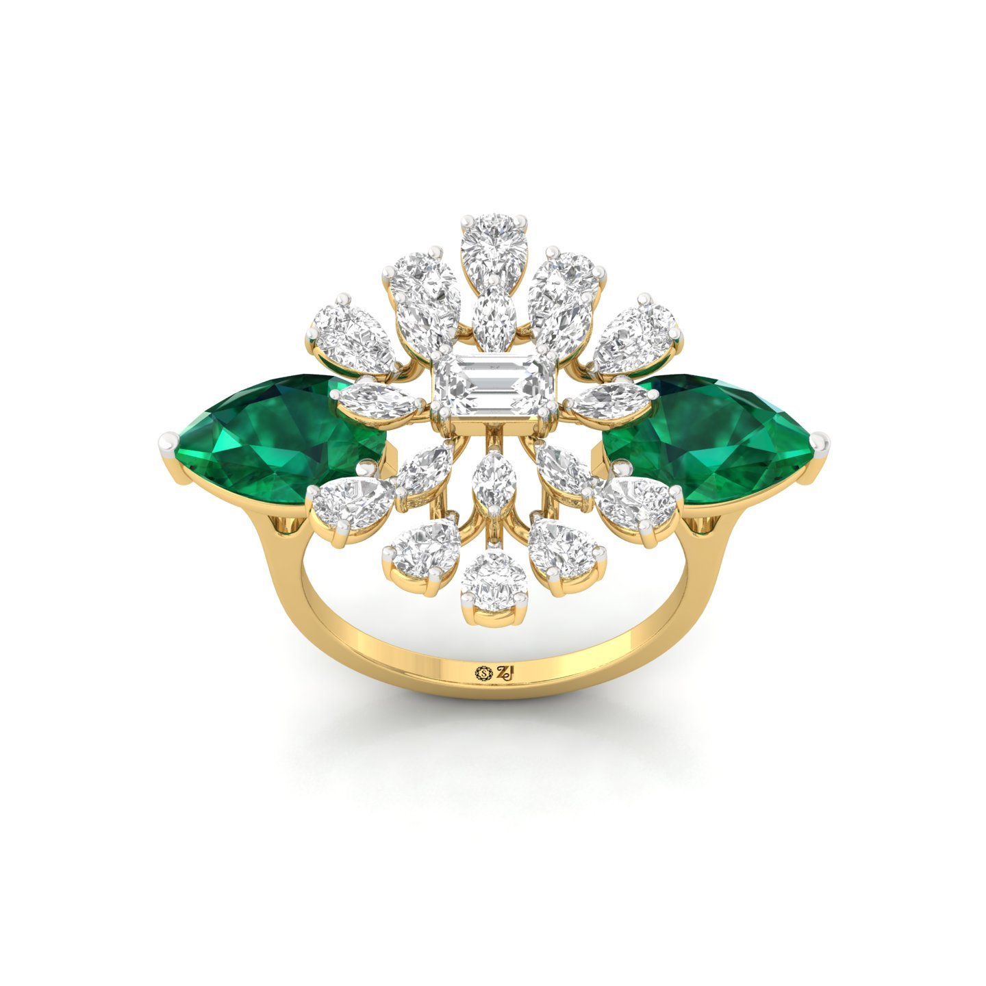 Emerald & Diamond Cocktail Ring | Marquise & Pear Lab Grown Diamond Designer Statement Ring | 925 Silver | 10K | 14K | 18K - Gold Main View