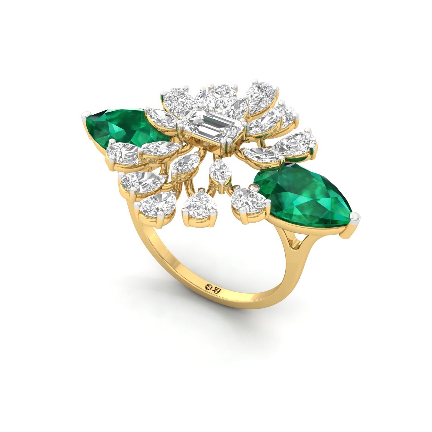 Emerald & Diamond Cocktail Ring | Marquise & Pear Lab Grown Diamond Designer Statement Ring | 925 Silver | 10K | 14K | 18K - View 2