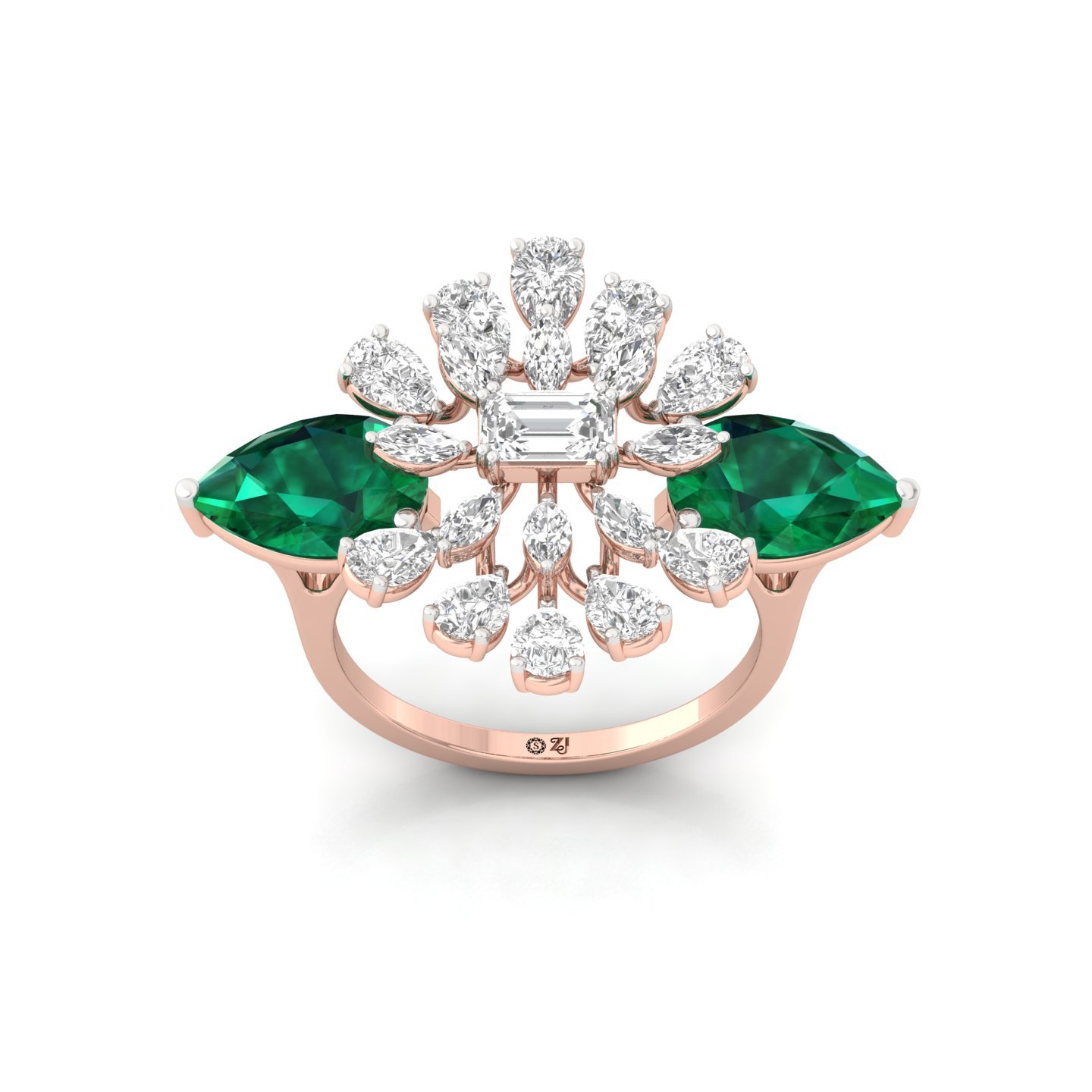 Emerald & Diamond Cocktail Ring | Marquise & Pear Lab Grown Diamond Designer Statement Ring | 925 Silver | 10K | 14K | 18K - Rose Gold Main View