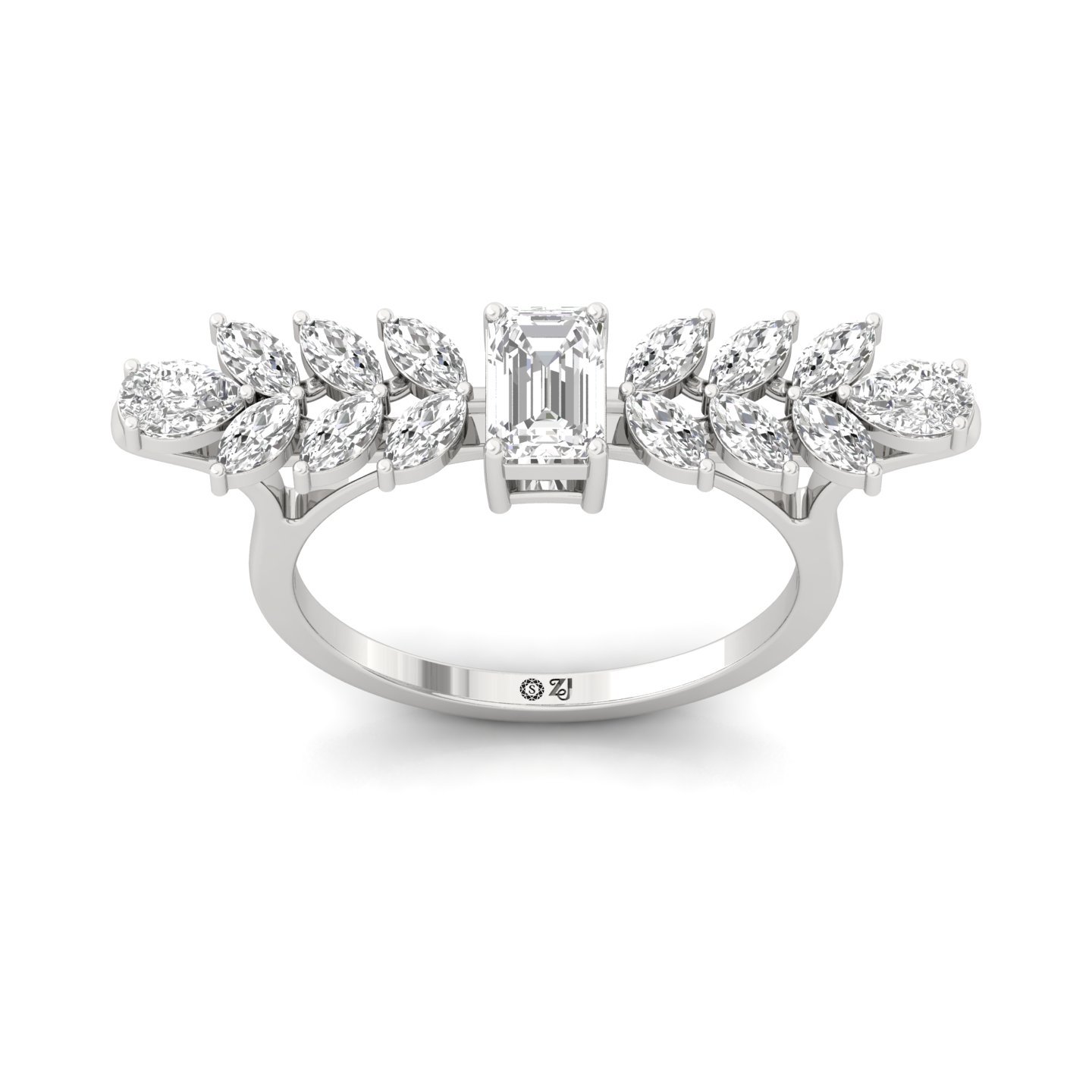 Emerald & Marquise Cut Diamond Ring | Lab Grown CVD Diamond Leaf-Inspired Statement Ring | 925 Silver | 10K | 14K | 18K - Main View