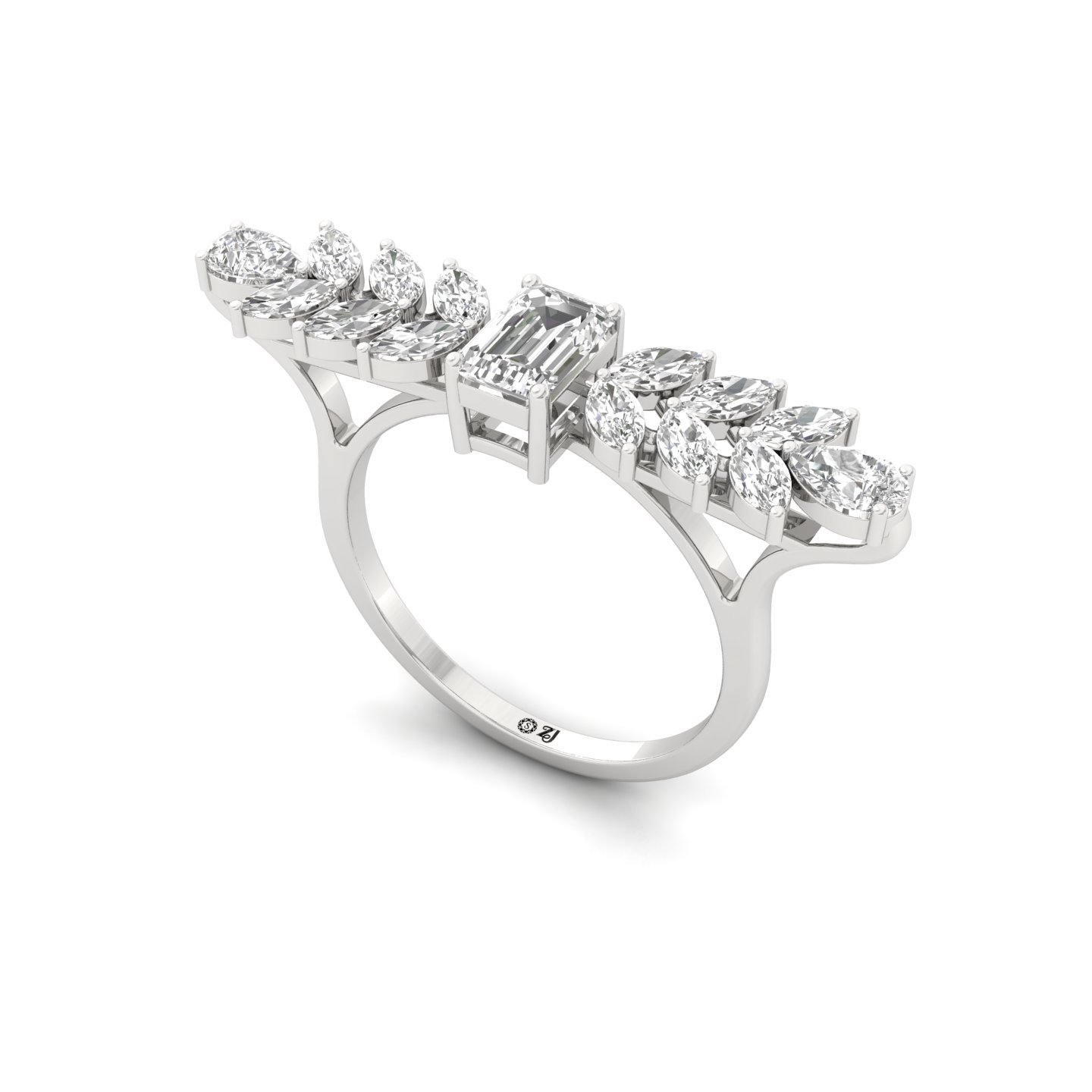 Emerald & Marquise Cut Diamond Ring | Lab Grown CVD Diamond Leaf-Inspired Statement Ring | 925 Silver | 10K | 14K | 18K - View 2