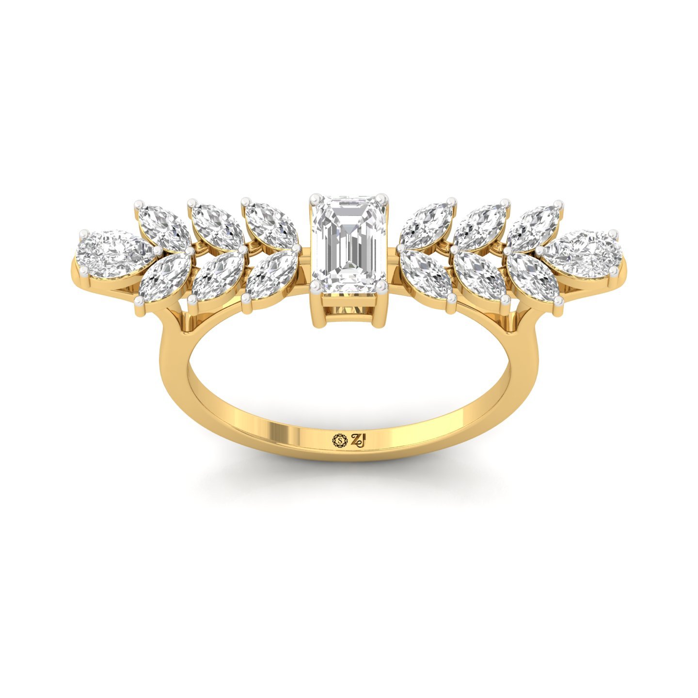 Emerald & Marquise Cut Diamond Ring | Lab Grown CVD Diamond Leaf-Inspired Statement Ring | 925 Silver | 10K | 14K | 18K - Gold Main View