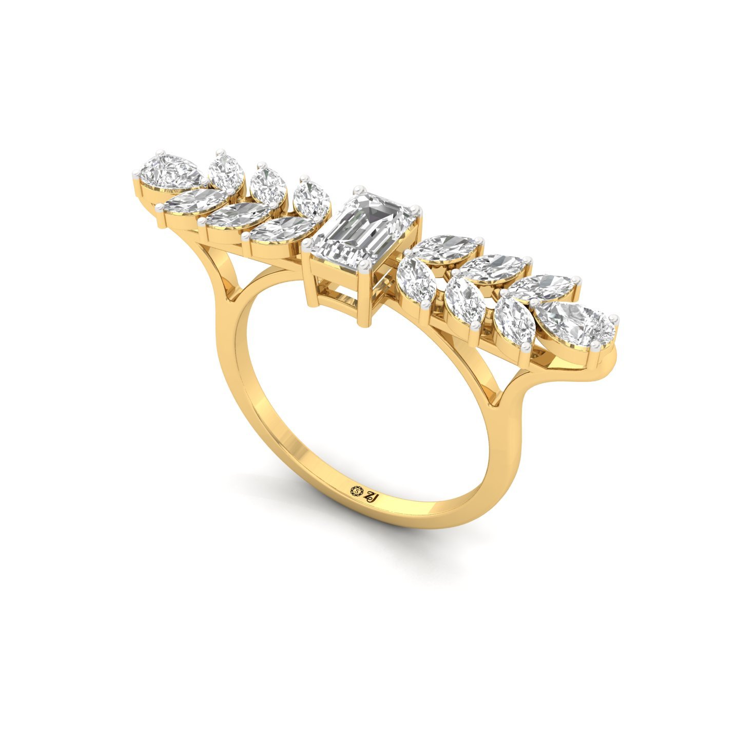 Emerald & Marquise Cut Diamond Ring | Lab Grown CVD Diamond Leaf-Inspired Statement Ring | 925 Silver | 10K | 14K | 18K - View 2