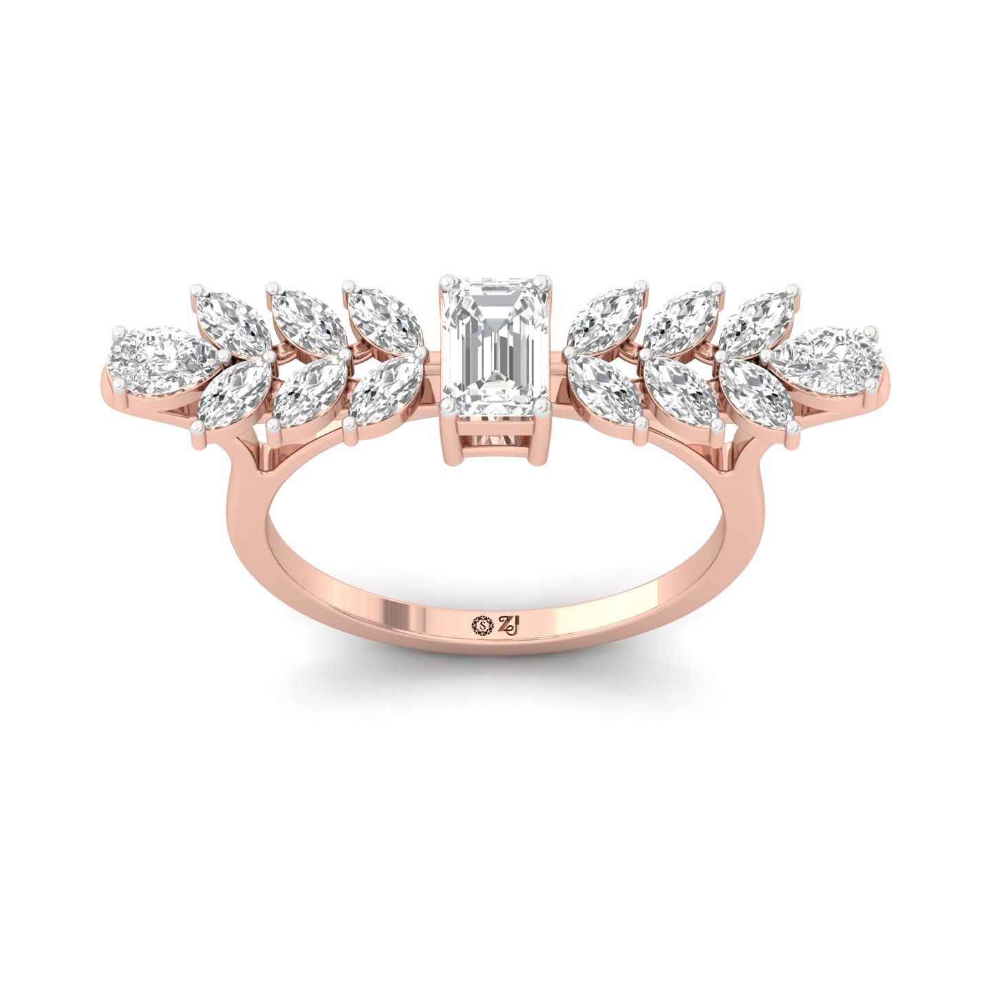 Emerald & Marquise Cut Diamond Ring | Lab Grown CVD Diamond Leaf-Inspired Statement Ring | 925 Silver | 10K | 14K | 18K - Rose Gold Main View