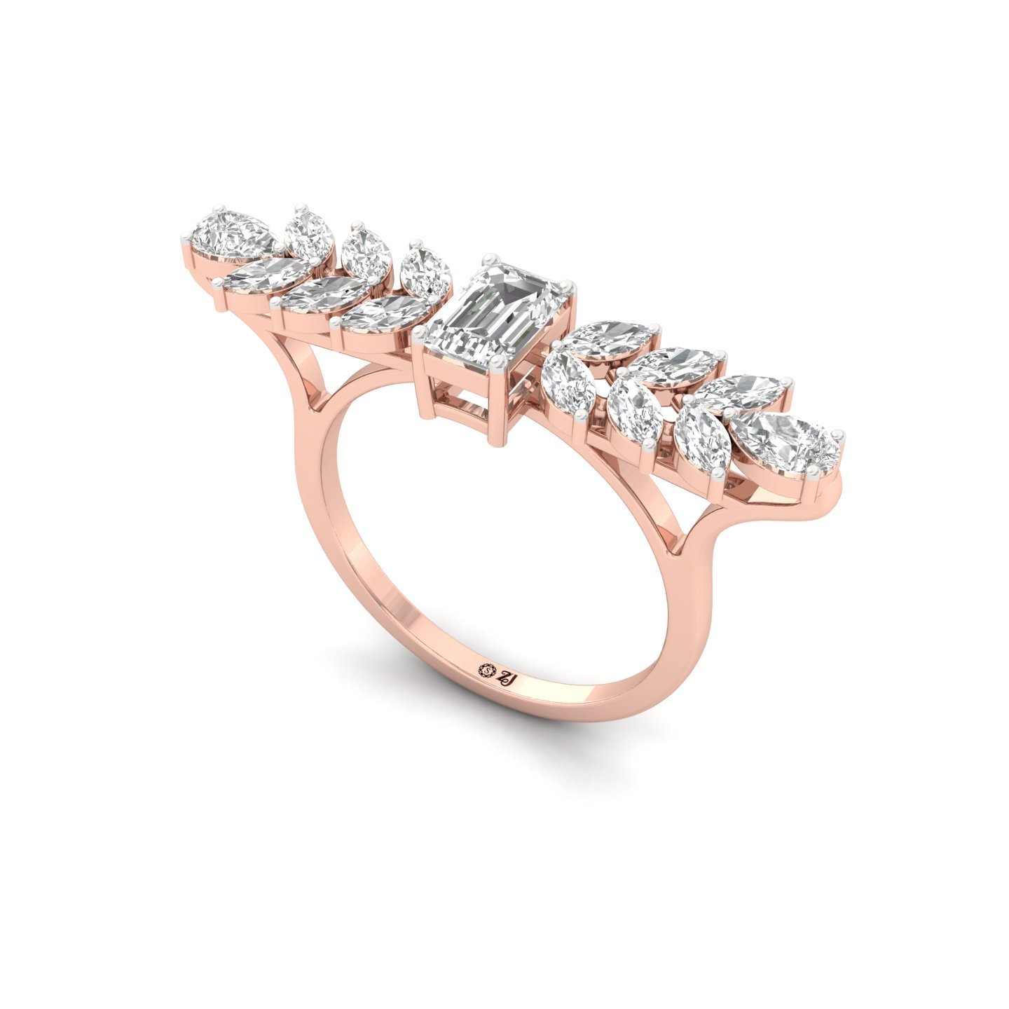 Emerald & Marquise Cut Diamond Ring | Lab Grown CVD Diamond Leaf-Inspired Statement Ring | 925 Silver | 10K | 14K | 18K - View 2