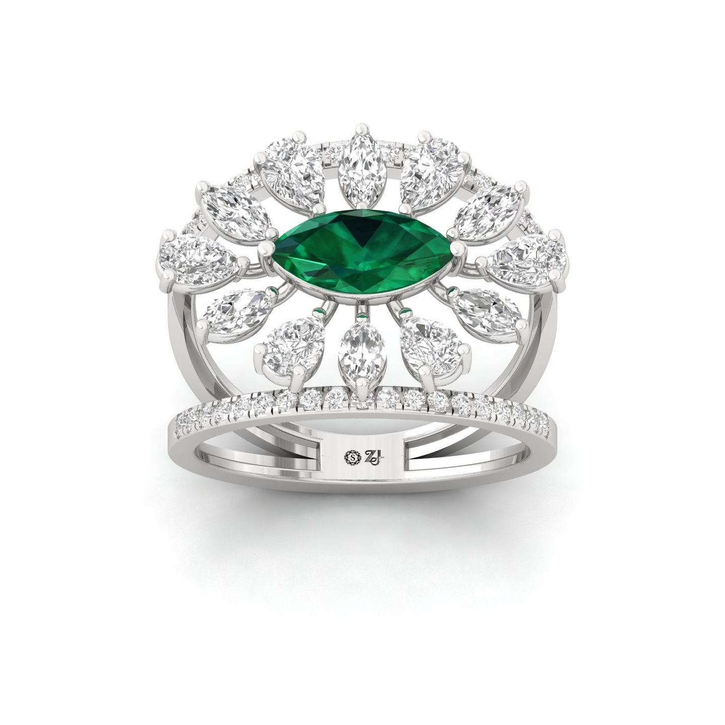 Marquise Cut Green Gemstone & Diamond Cocktail Ring | Lab Grown CVD Diamond Designer Ring | 925 Silver | 10K | 14K | 18K - Main View