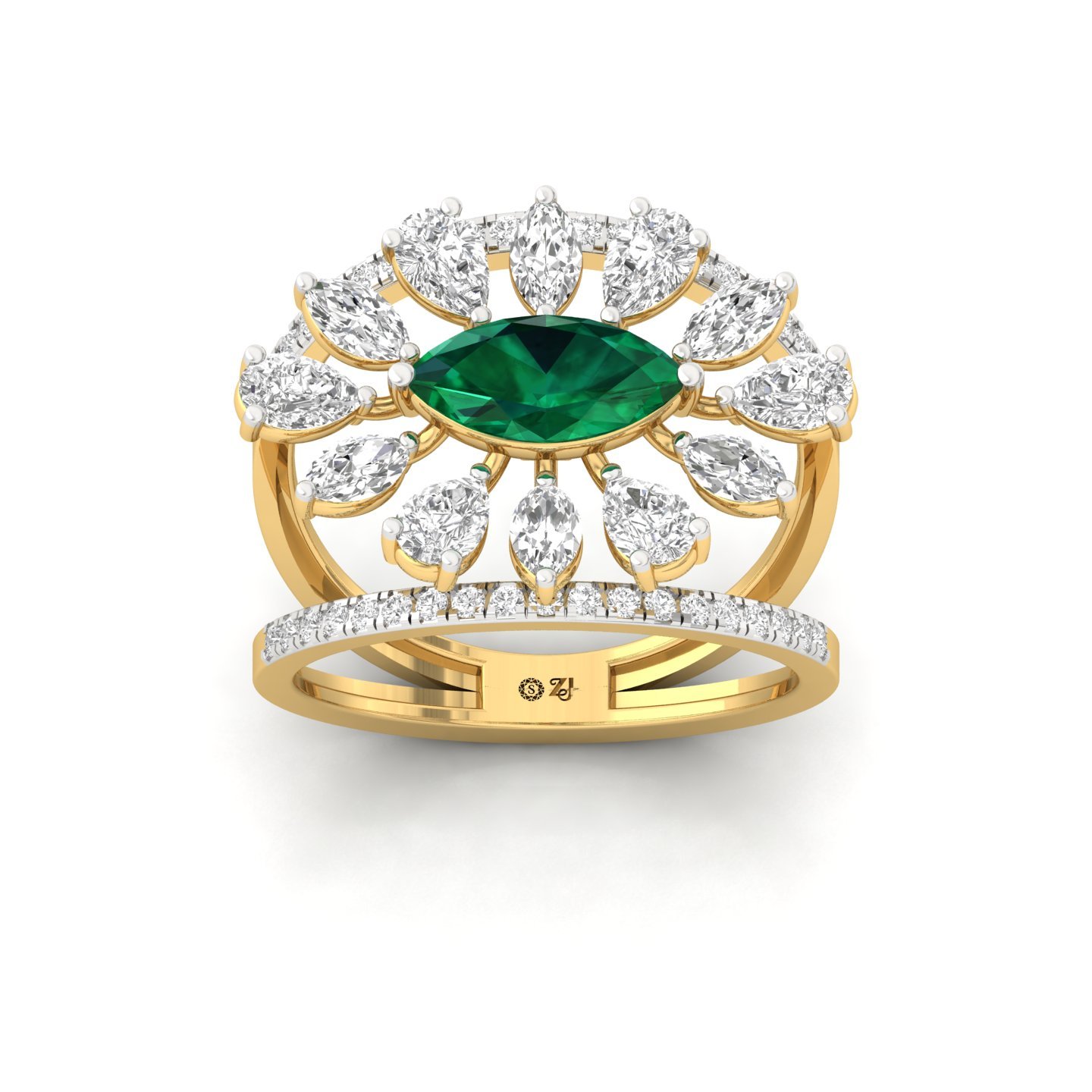 Marquise Cut Green Gemstone & Diamond Cocktail Ring | Lab Grown CVD Diamond Designer Ring | 925 Silver | 10K | 14K | 18K - Gold Main View