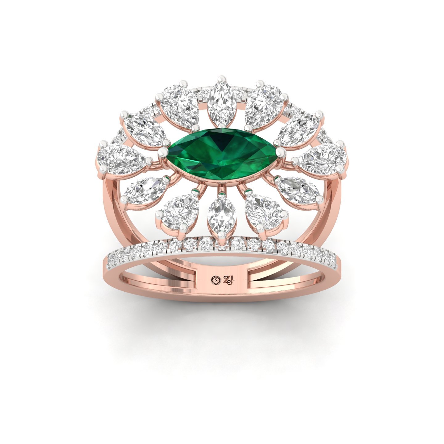 Marquise Cut Green Gemstone & Diamond Cocktail Ring | Lab Grown CVD Diamond Designer Ring | 925 Silver | 10K | 14K | 18K - Rose Gold Main View