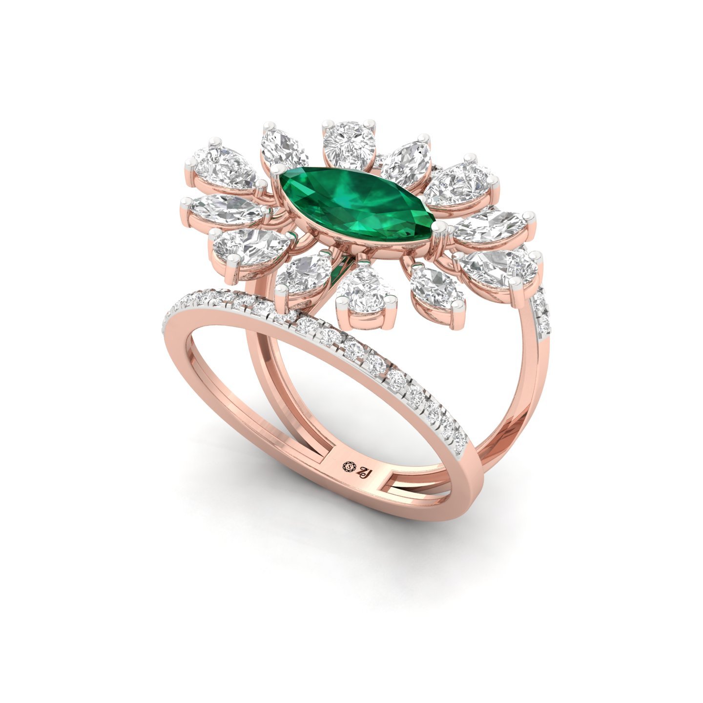 Marquise Cut Green Gemstone & Diamond Cocktail Ring | Lab Grown CVD Diamond Designer Ring | 925 Silver | 10K | 14K | 18K - View 2