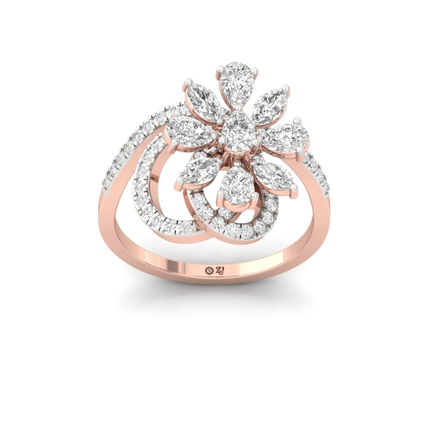 Pear & Marquise Cut Diamond Floral Cocktail Ring | Lab Grown CVD Diamond Designer Statement Ring | 925 Silver | 10K | 14K | 18K - Rose Gold Main View