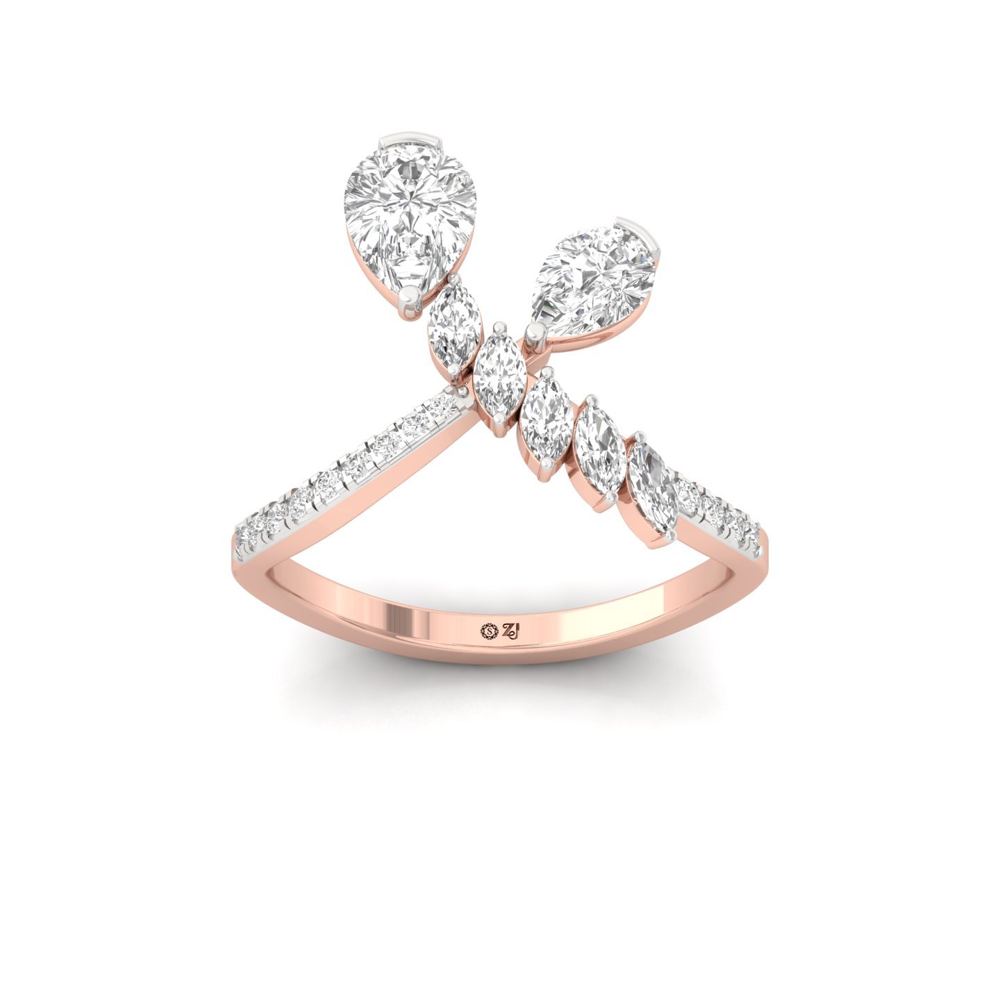 Pear & Marquise Cut Diamond Designer Bow Ring | Lab Grown CVD Diamond Cocktail Jewellery | 925 Silver | 10K | 14K | 18K - Rose Gold Main View