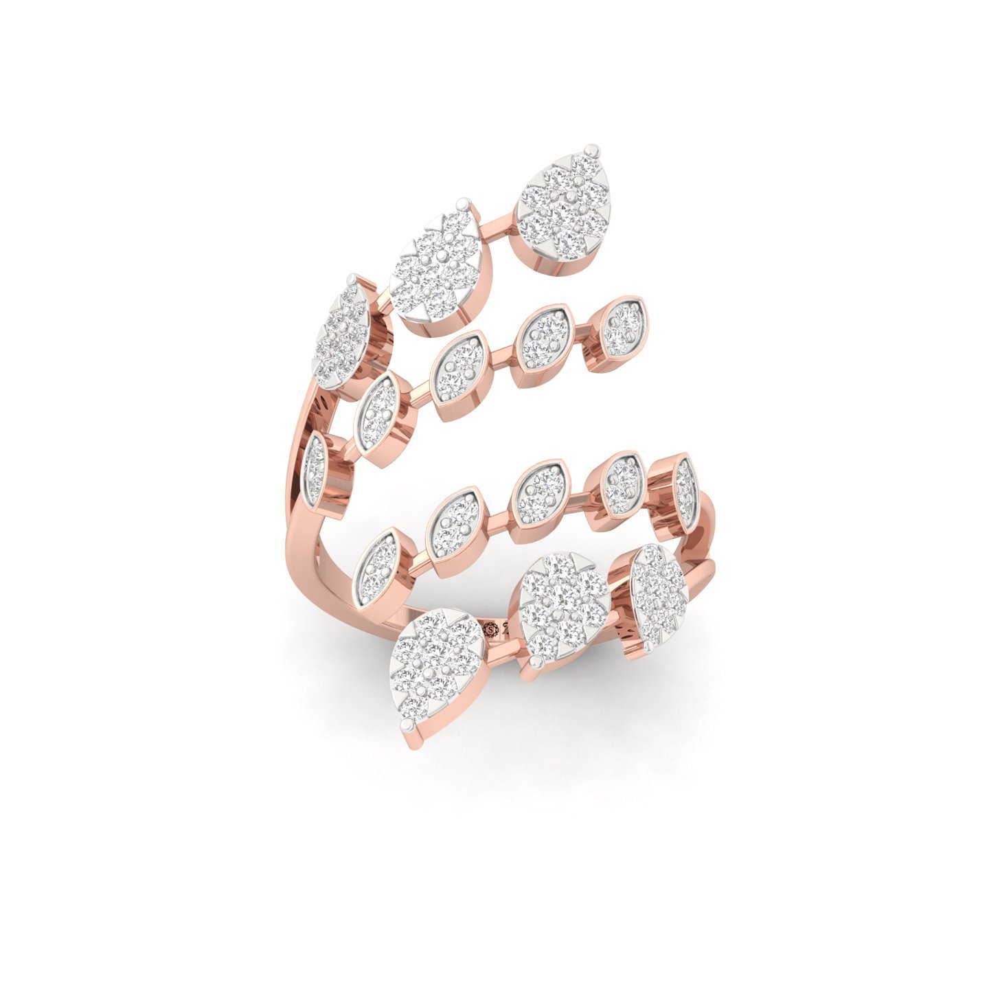 Multi Round Cut Diamond Statement Cocktail Ring | Lab Grown CVD Diamond Designer Leaf Inspired Jewellery | 925 Silver | 10K | 14K | 18K - Rose Gold Main View