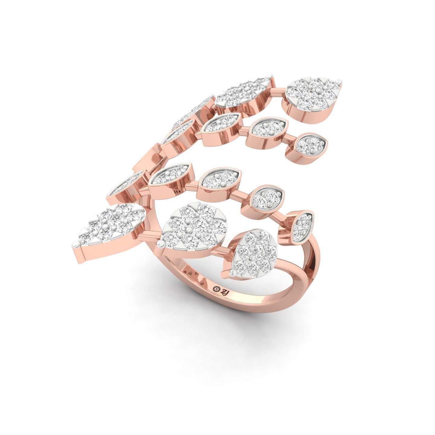 Multi Round Cut Diamond Statement Cocktail Ring | Lab Grown CVD Diamond Designer Leaf Inspired Jewellery | 925 Silver | 10K | 14K | 18K - View 2