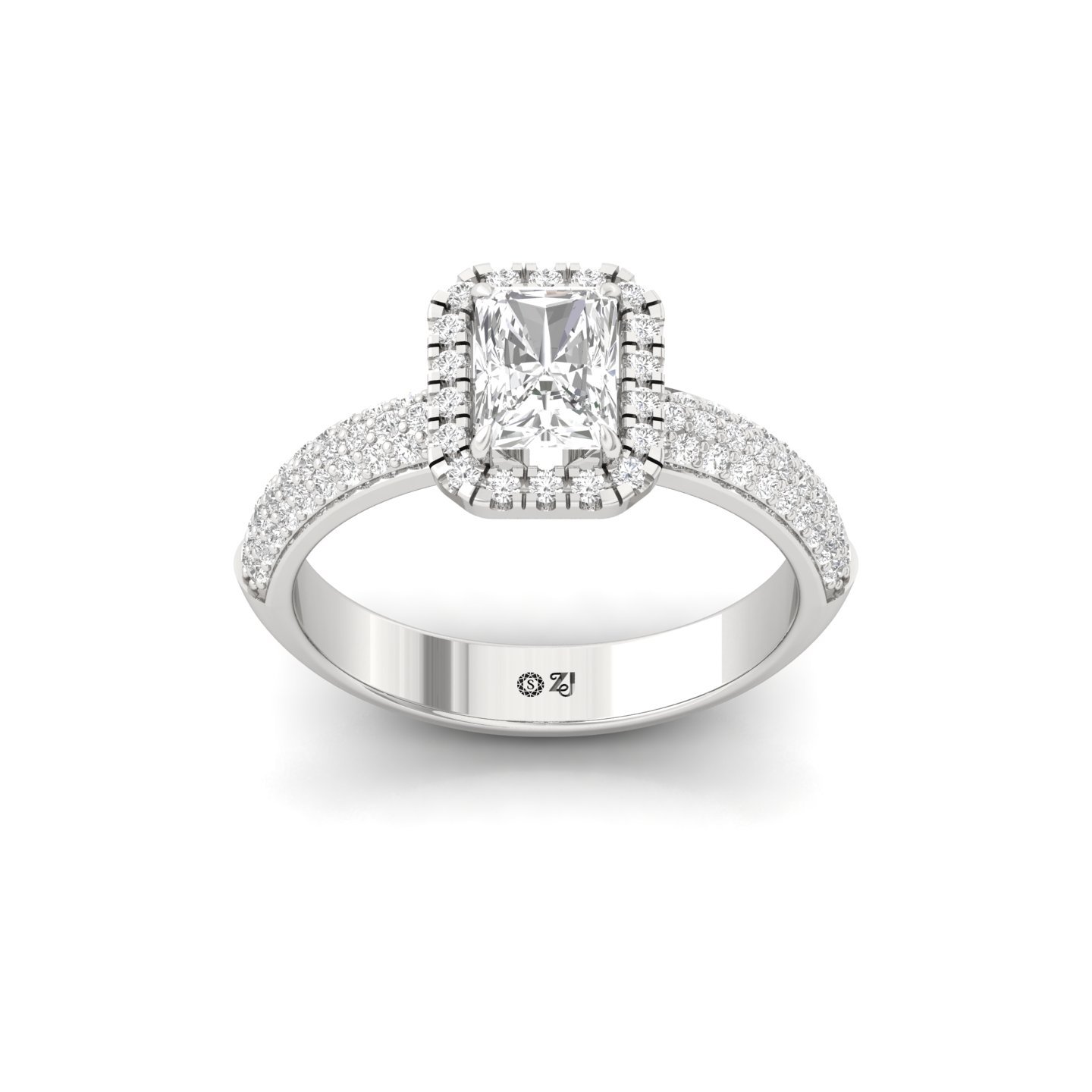 Radiant Cut Diamond Engagement Ring | Lab Grown CVD Diamond Halo Ring with Pave Band | 925 Silver | 10K | 14K | 18K - Main View