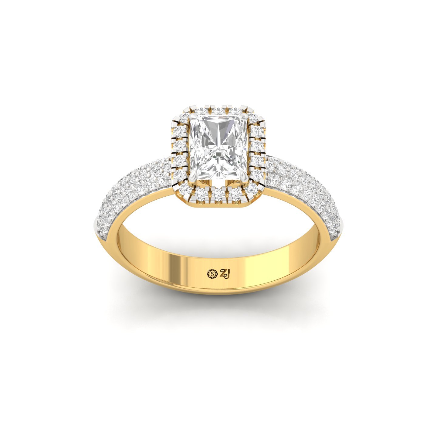 Radiant Cut Diamond Engagement Ring | Lab Grown CVD Diamond Halo Ring with Pave Band | 925 Silver | 10K | 14K | 18K - Gold Main View