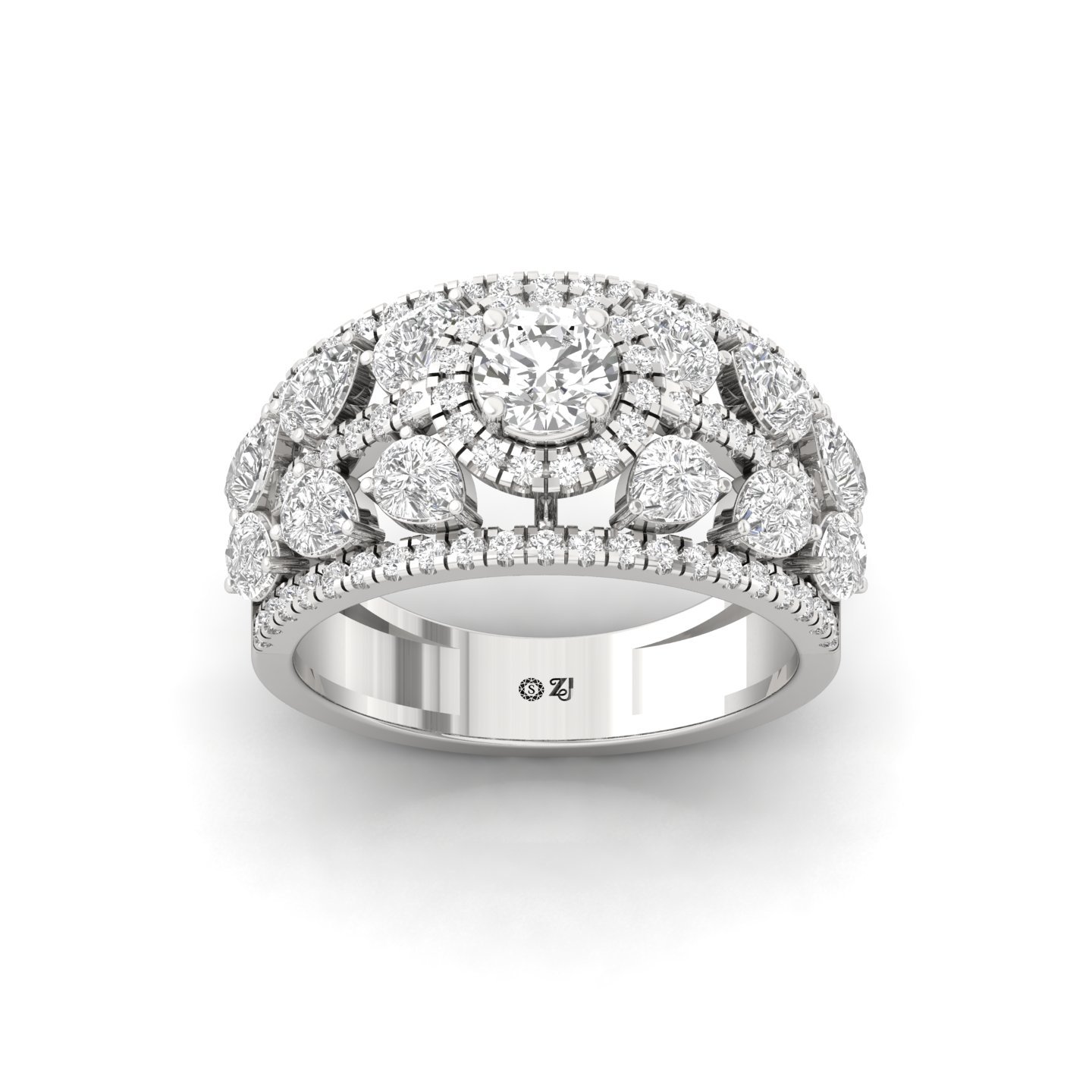 Round & Pear Diamond Cocktail Ring | Lab Grown CVD Diamond Multi-Row Cluster Band | 925 Silver | 10K | 14K | 18K - Main View