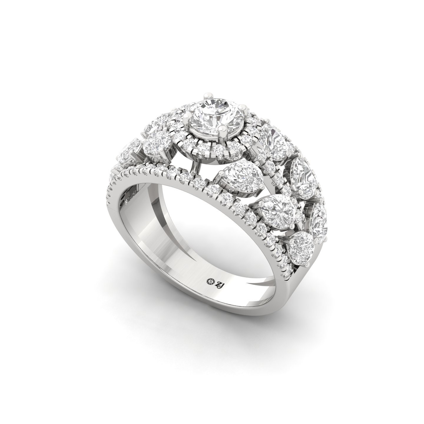 Round & Pear Diamond Cocktail Ring | Lab Grown CVD Diamond Multi-Row Cluster Band | 925 Silver | 10K | 14K | 18K - View 2