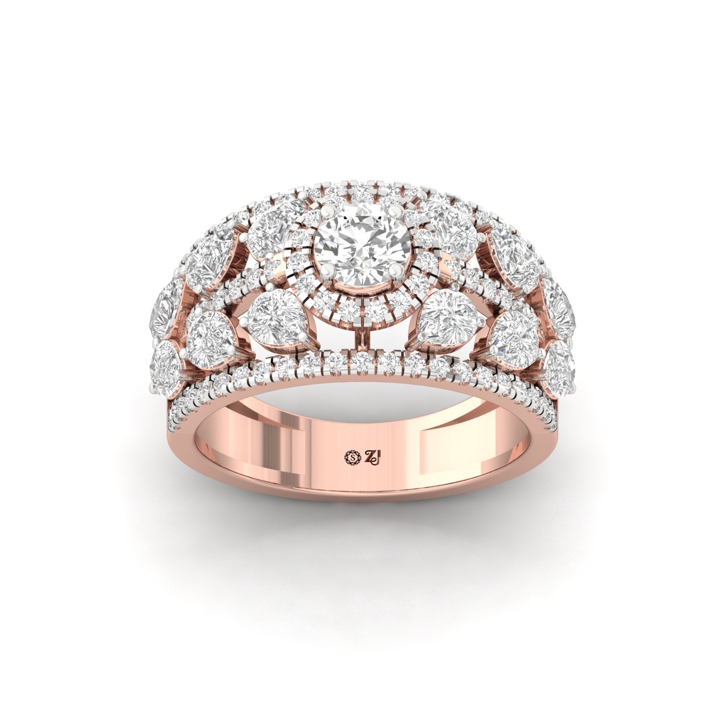 Round & Pear Diamond Cocktail Ring | Lab Grown CVD Diamond Multi-Row Cluster Band | 925 Silver | 10K | 14K | 18K - Rose Gold Main View