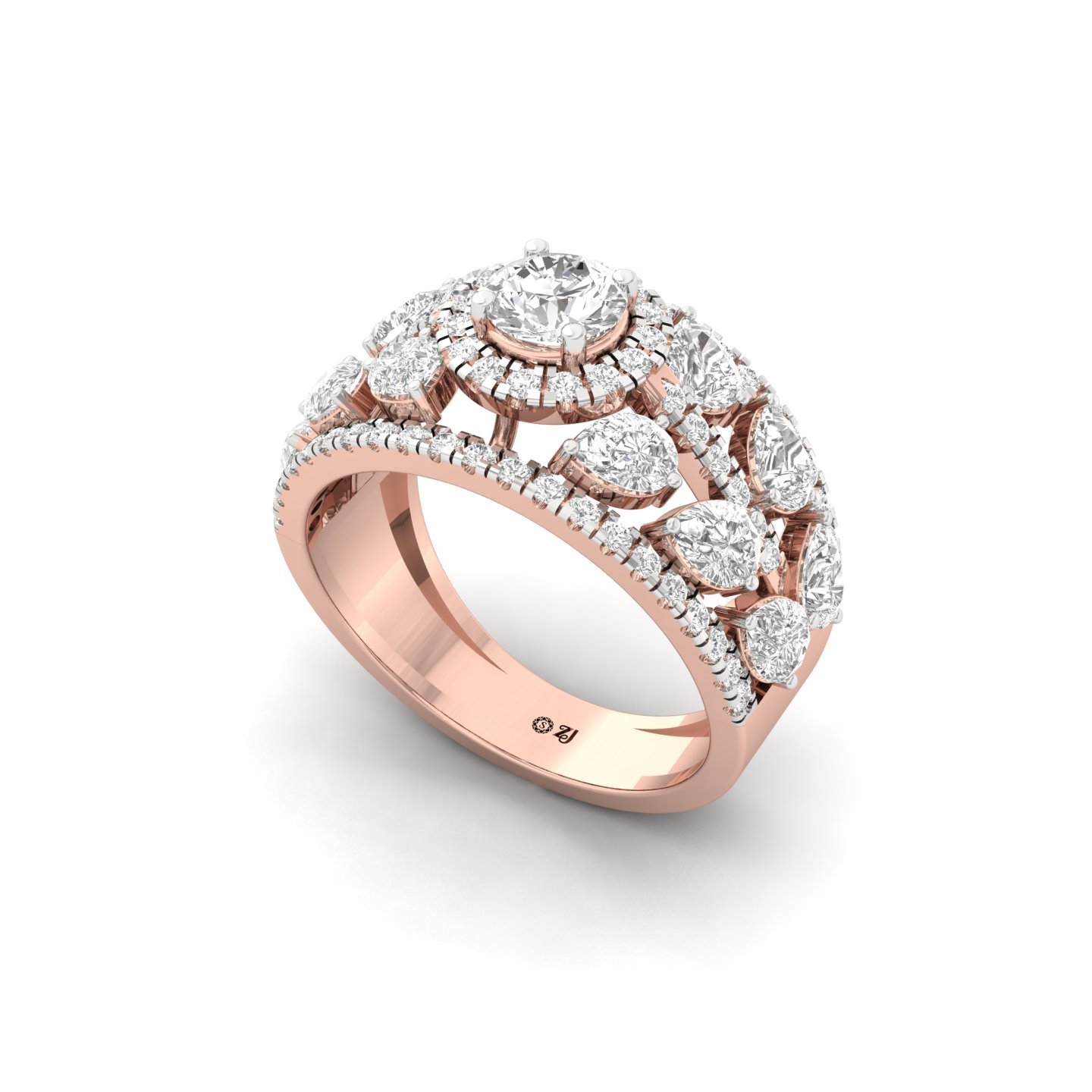 Round & Pear Diamond Cocktail Ring | Lab Grown CVD Diamond Multi-Row Cluster Band | 925 Silver | 10K | 14K | 18K - View 2