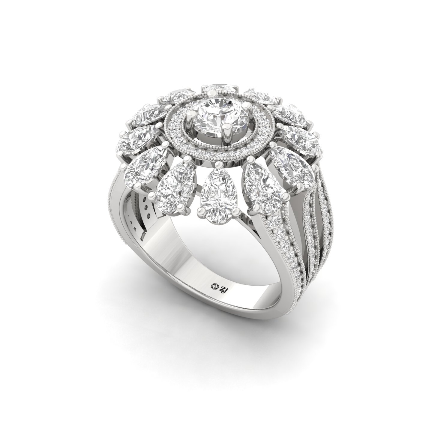 Pear & Round Diamond Halo Cocktail Ring | Lab Grown CVD Diamond Designer Cluster Band | 925 Silver | 10K | 14K | 18K - View 2