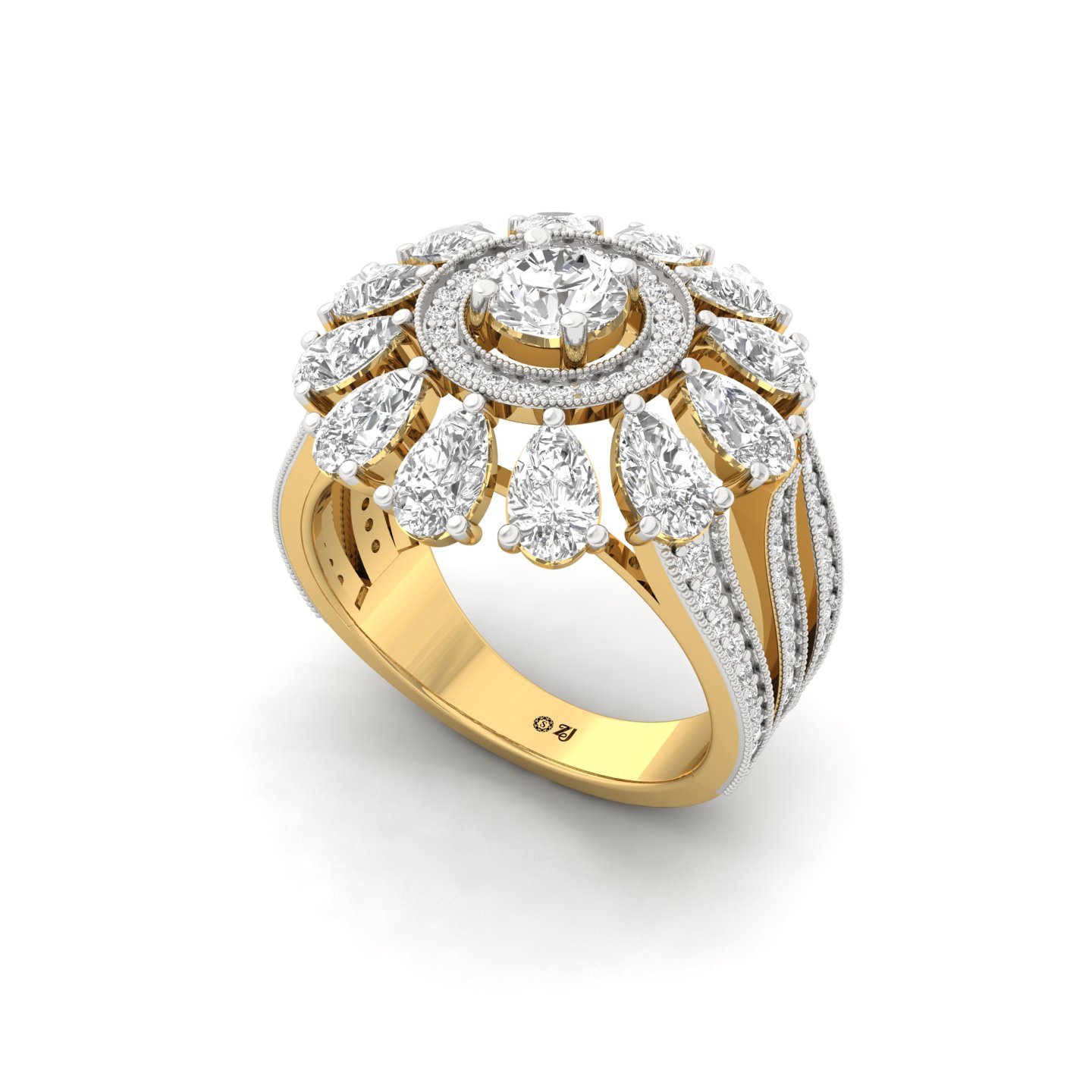 Pear & Round Diamond Halo Cocktail Ring | Lab Grown CVD Diamond Designer Cluster Band | 925 Silver | 10K | 14K | 18K - View 2