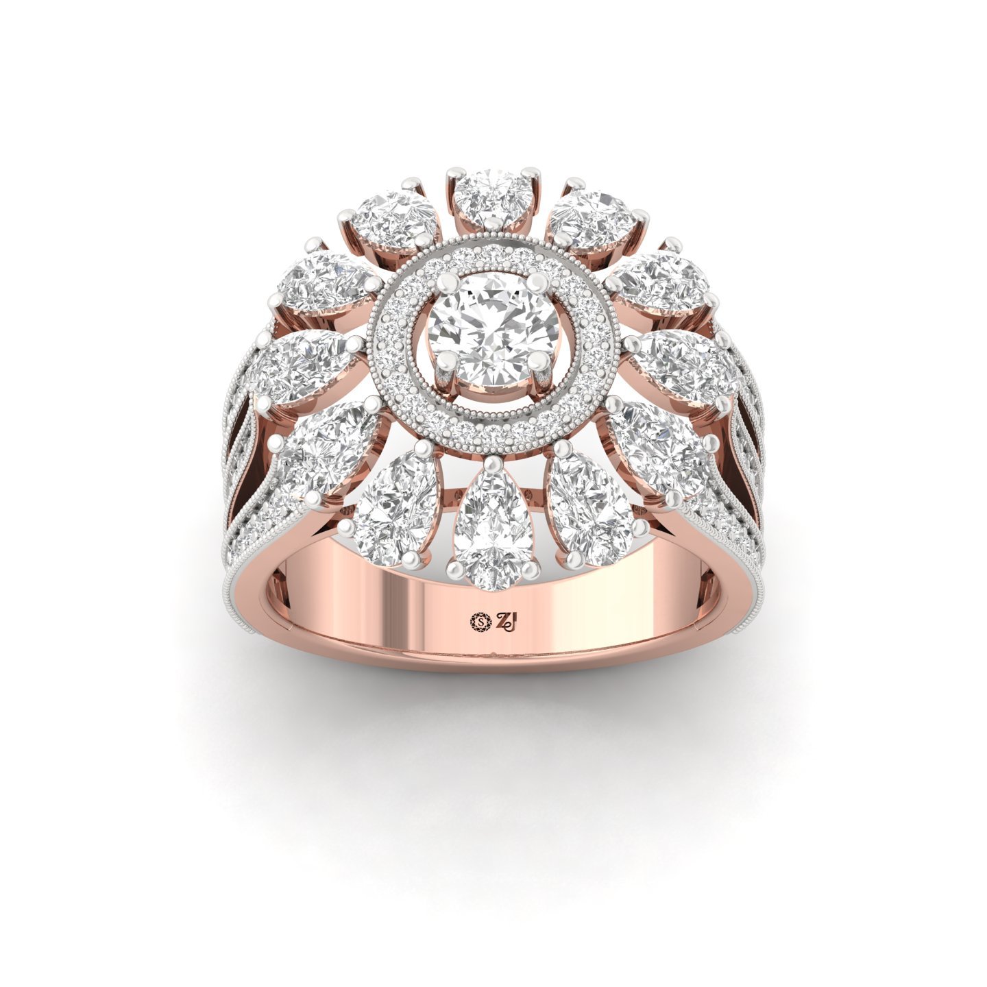 Pear & Round Diamond Halo Cocktail Ring | Lab Grown CVD Diamond Designer Cluster Band | 925 Silver | 10K | 14K | 18K - Rose Gold Main View