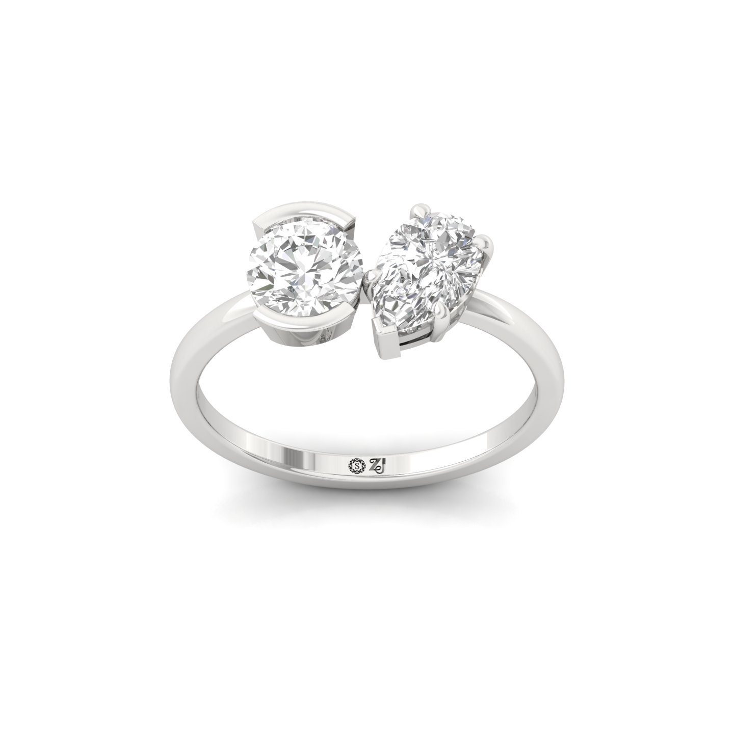 Round & Pear Two Stone Diamond Engagement Ring | Lab Grown CVD Diamond Toi Et Moi Ring | 925 Silver | 10K | 14K | 18K - Main View