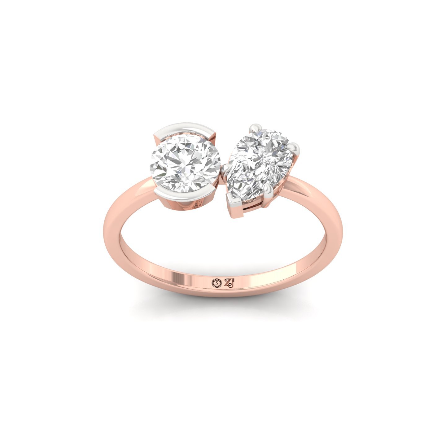 Round & Pear Two Stone Diamond Engagement Ring | Lab Grown CVD Diamond Toi Et Moi Ring | 925 Silver | 10K | 14K | 18K - Rose Gold Main View