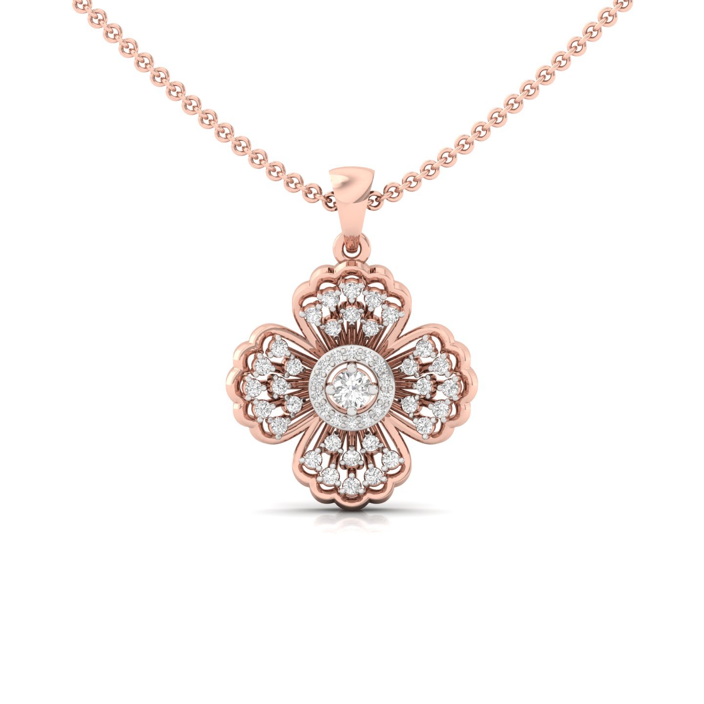 Round Diamond Clover Pendant | Floral Lab Grown CVD Diamond Necklace (Without Chain) | 925 Silver | 10K | 14K | 18K - Rose Gold Main View