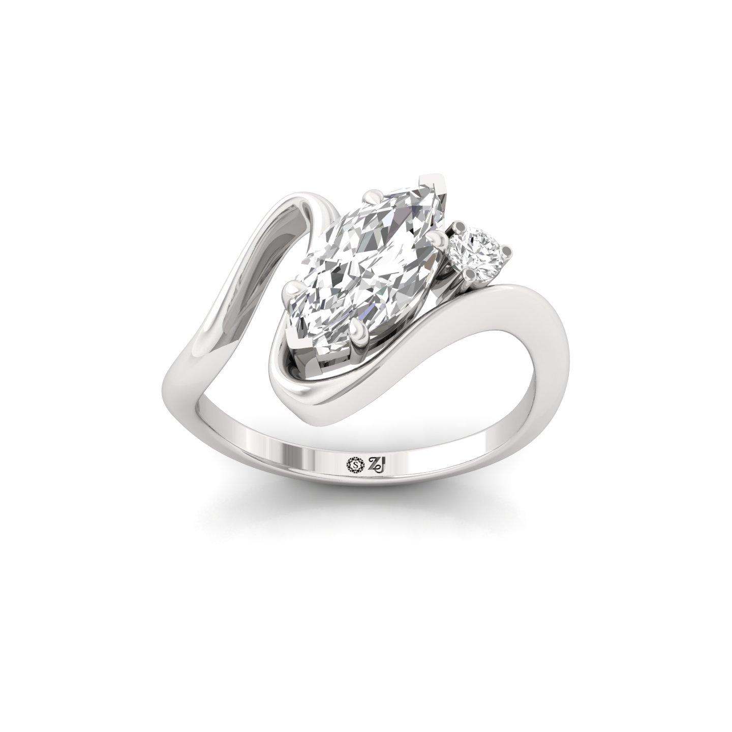 Marquise and round Cut Diamond Solitaire Ring | Lab Grown CVD Diamond Bypass Engagement Ring | 925 Silver | 10K | 14K | 18K - Main View