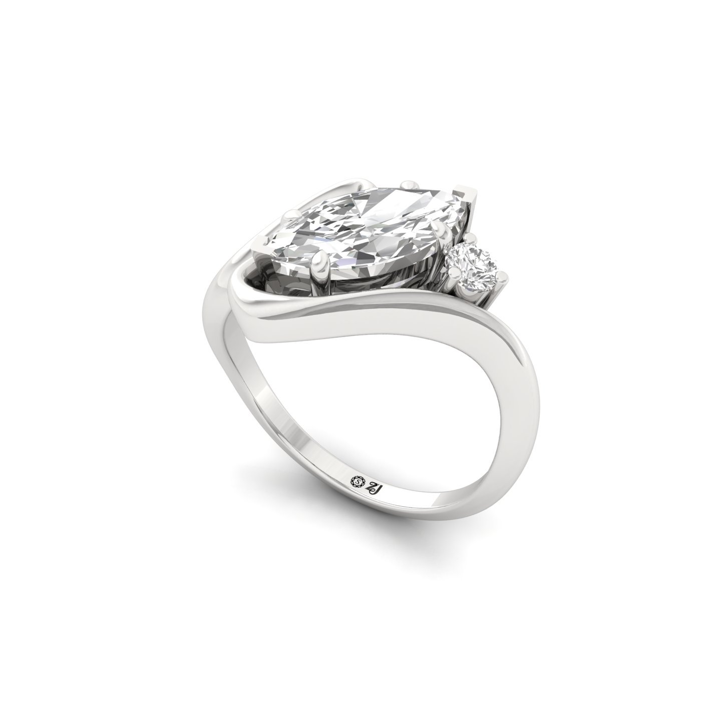 Marquise and round Cut Diamond Solitaire Ring | Lab Grown CVD Diamond Bypass Engagement Ring | 925 Silver | 10K | 14K | 18K - View 2