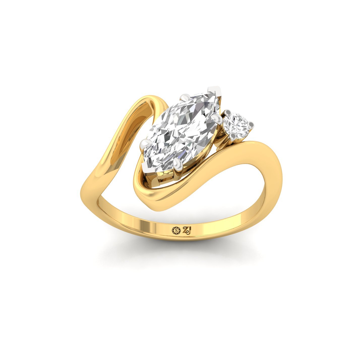 Marquise and round Cut Diamond Solitaire Ring | Lab Grown CVD Diamond Bypass Engagement Ring | 925 Silver | 10K | 14K | 18K - Gold Main View