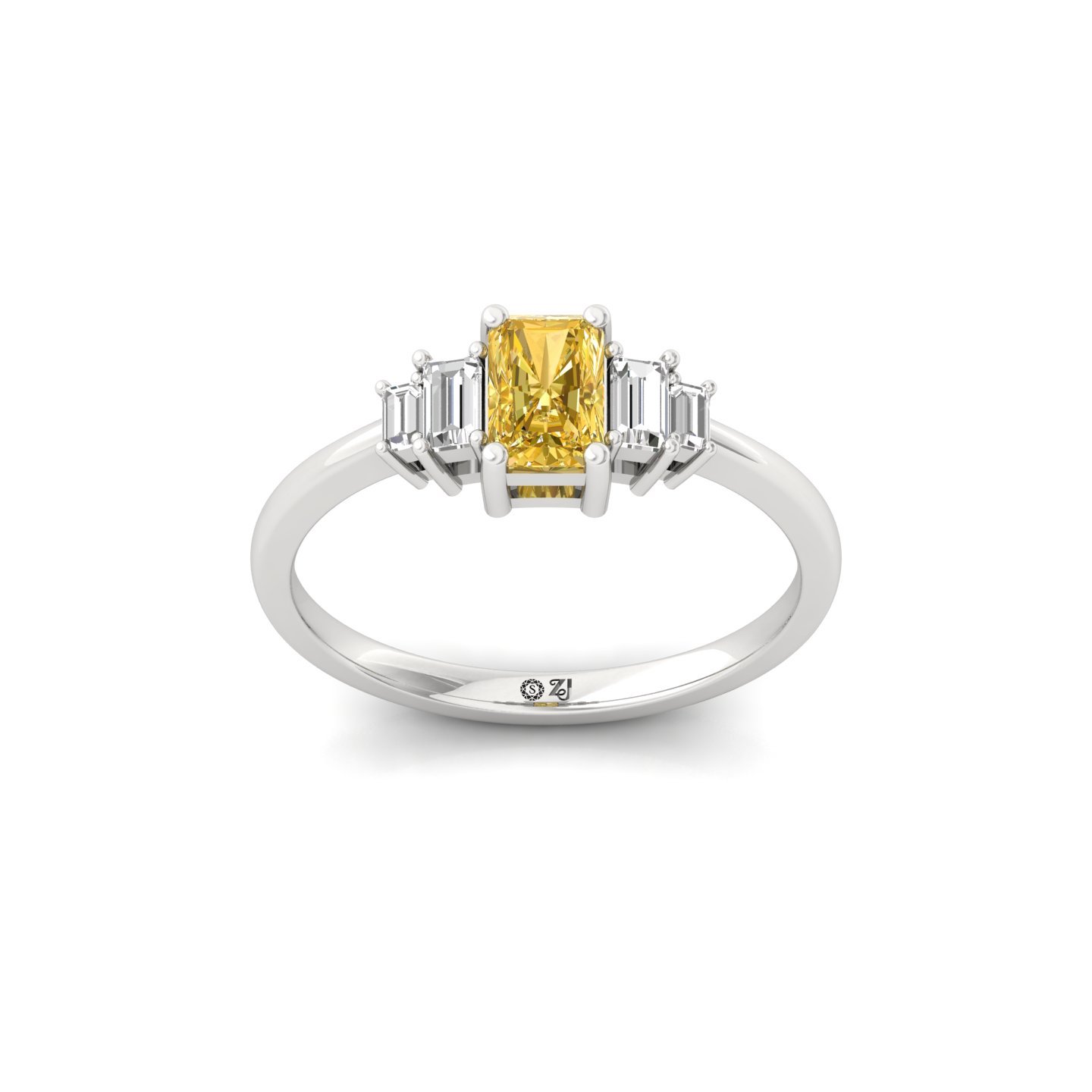 Radiant Cut Yellow Diamond Ring with Baguette Side Stones | Lab Grown Certified Solitaire Ring | 925 Silver | 10K | 14K | 18K - Main View