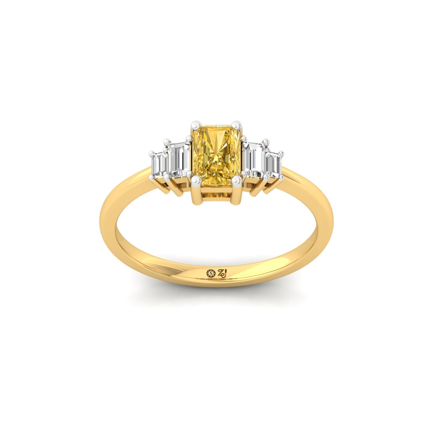 Radiant Cut Yellow Diamond Ring with Baguette Side Stones | Lab Grown Certified Solitaire Ring | 925 Silver | 10K | 14K | 18K - Gold Main View