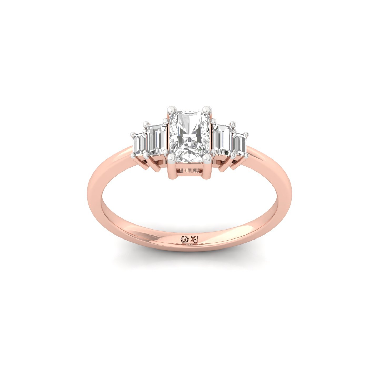 Radiant Cut Diamond Ring with Baguette Side Stones | Lab Grown Certified Engagement Ring | 925 Silver | 10K | 14K | 18K - Rose Gold Main View