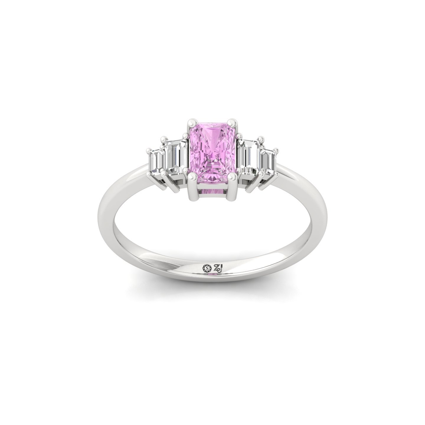 Pink Radiant Cut Diamond Ring with Baguette Side Stones | Lab Grown Certified Engagement Ring | 925 Silver | 10K | 14K | 18K - Main View