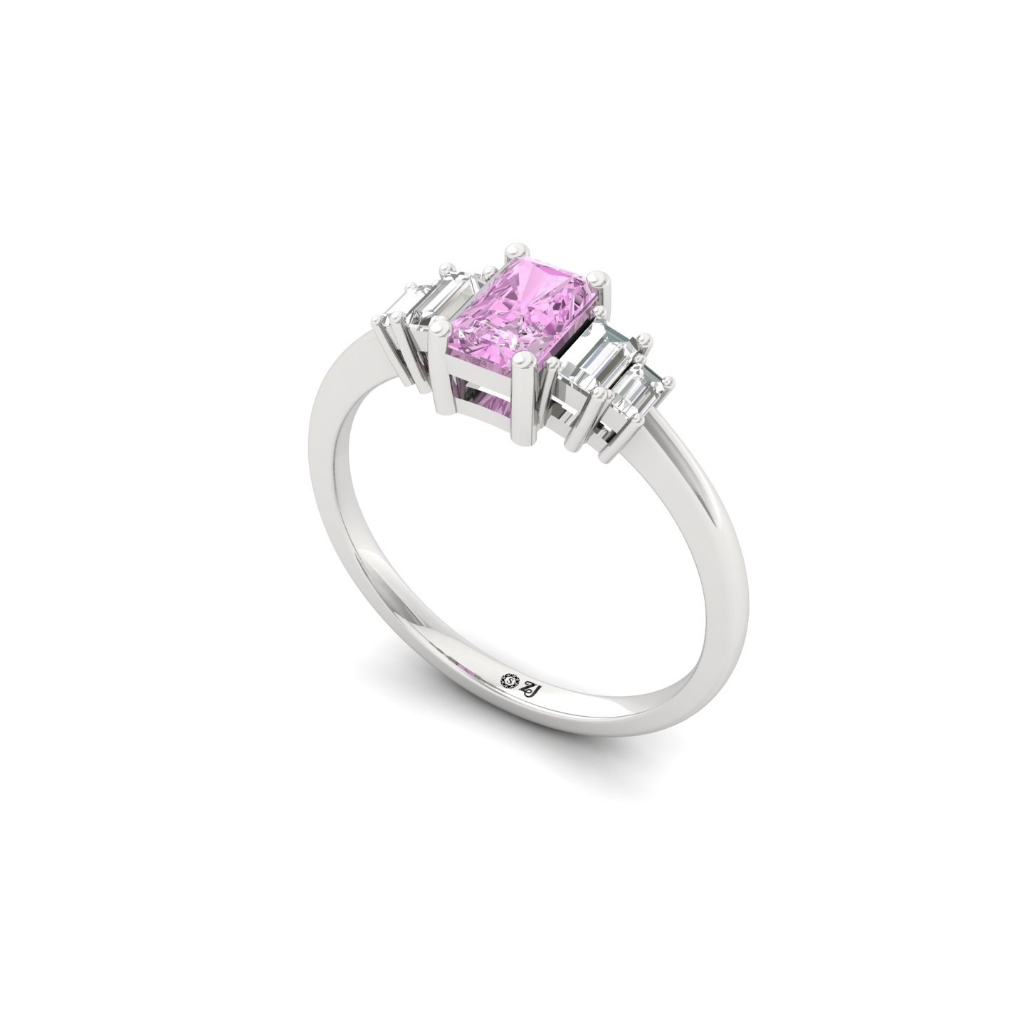 Pink Radiant Cut Diamond Ring with Baguette Side Stones | Lab Grown Certified Engagement Ring | 925 Silver | 10K | 14K | 18K - View 2