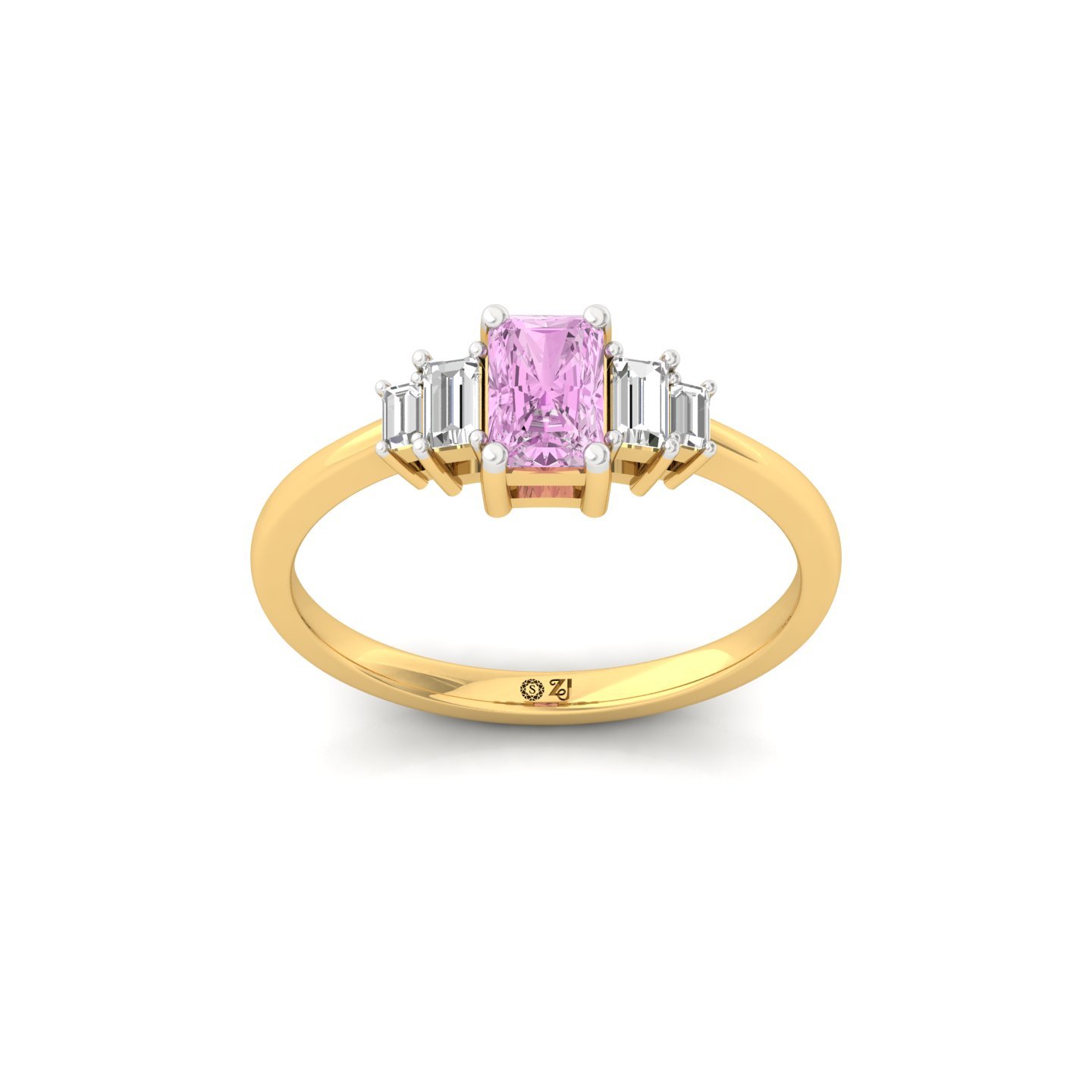 Pink Radiant Cut Diamond Ring with Baguette Side Stones | Lab Grown Certified Engagement Ring | 925 Silver | 10K | 14K | 18K - Gold Main View