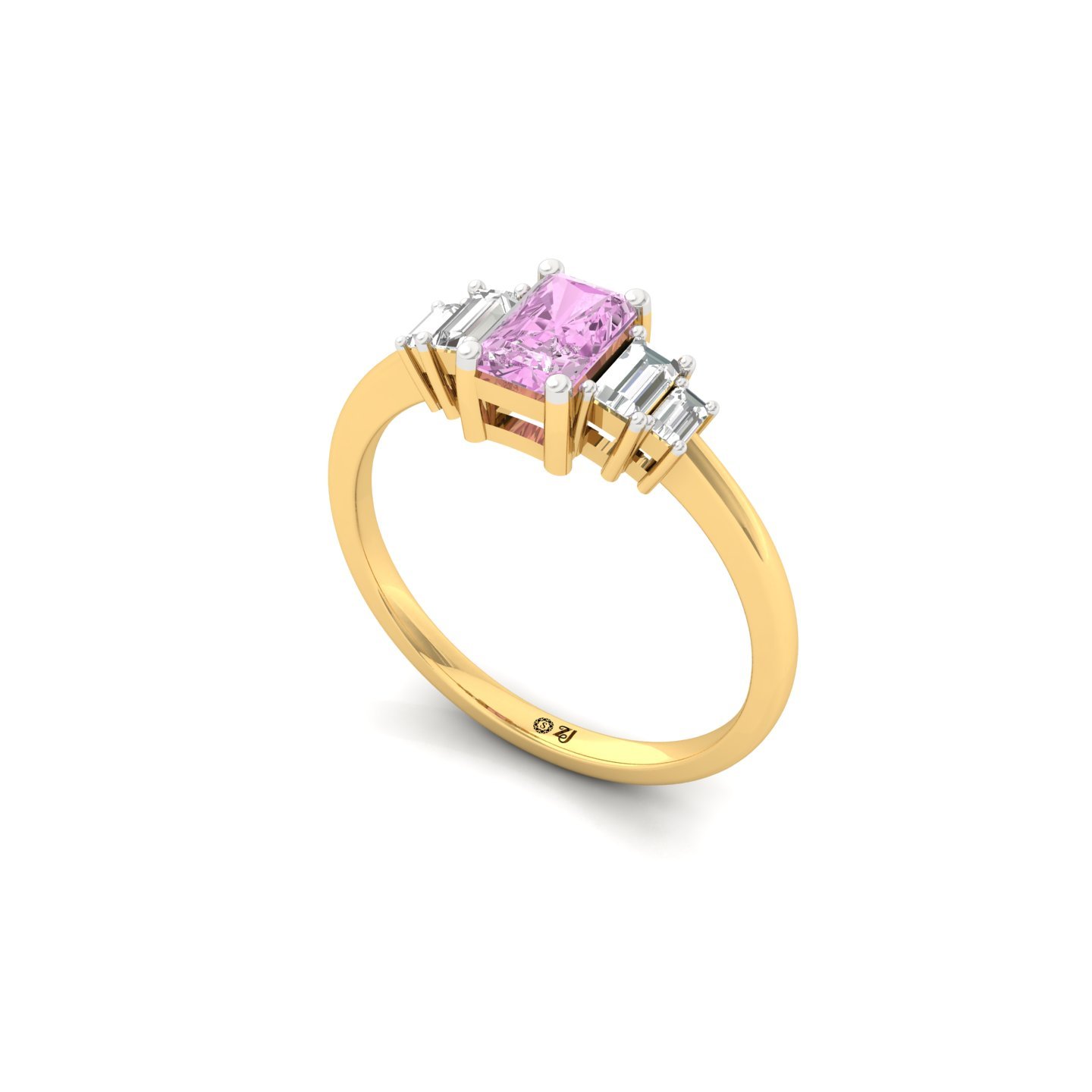 Pink Radiant Cut Diamond Ring with Baguette Side Stones | Lab Grown Certified Engagement Ring | 925 Silver | 10K | 14K | 18K - View 2