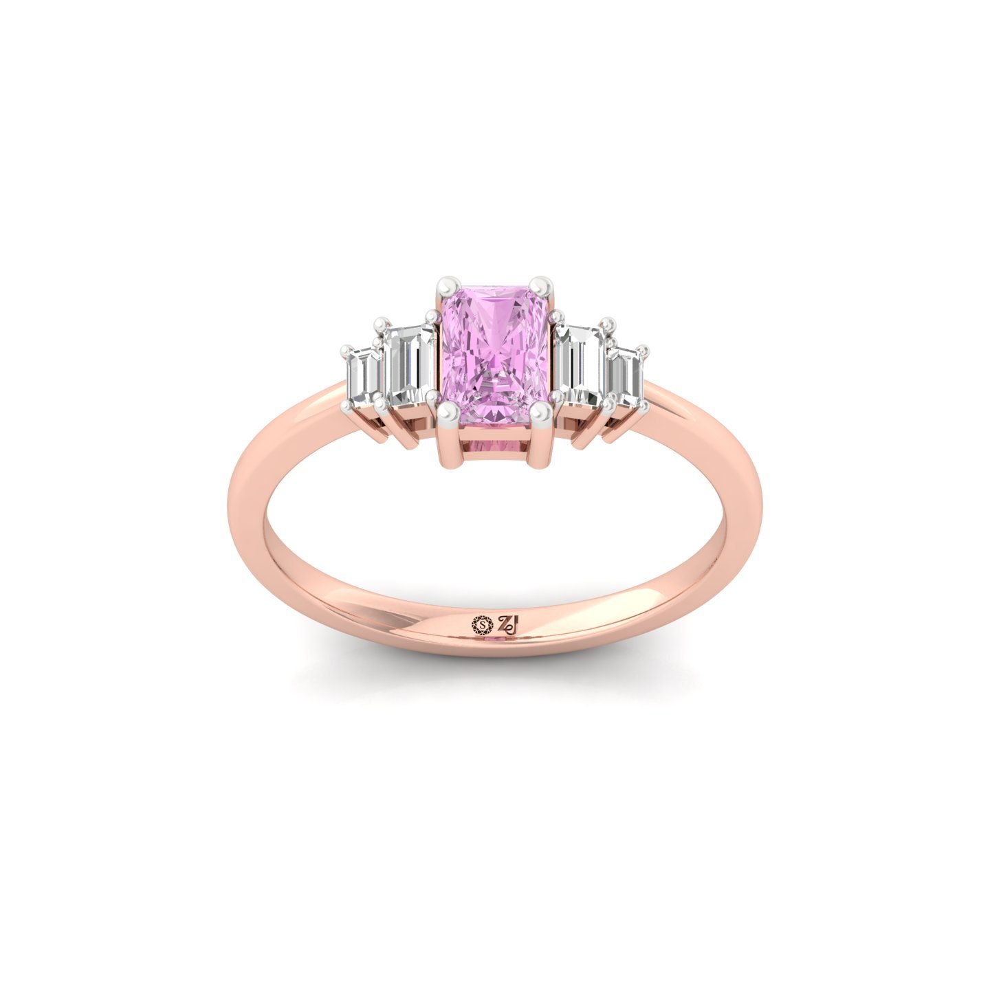 Pink Radiant Cut Diamond Ring with Baguette Side Stones | Lab Grown Certified Engagement Ring | 925 Silver | 10K | 14K | 18K - Rose Gold Main View