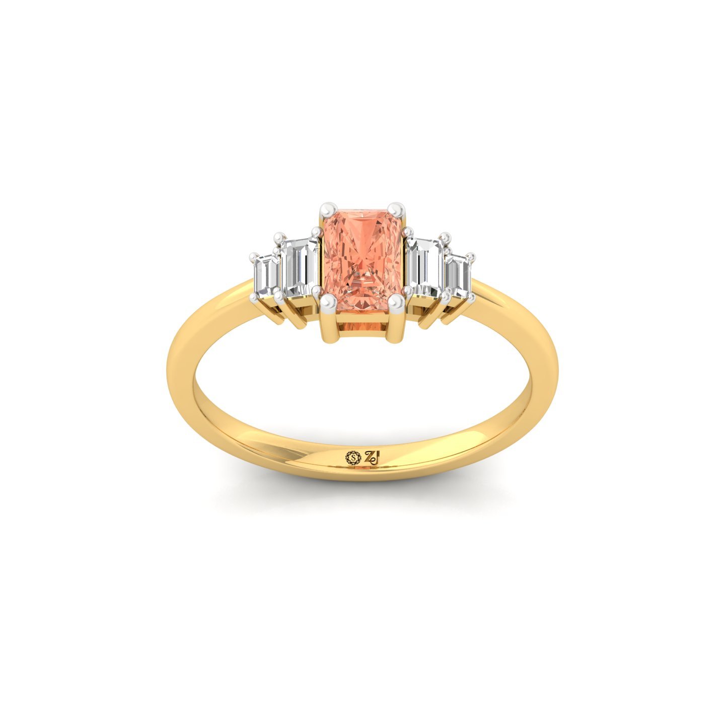 Orange Radiant Cut Diamond Ring with Baguette Side Stones | Lab Grown Certified Engagement Ring | 925 Silver | 10K | 14K | 18K - Gold Main View