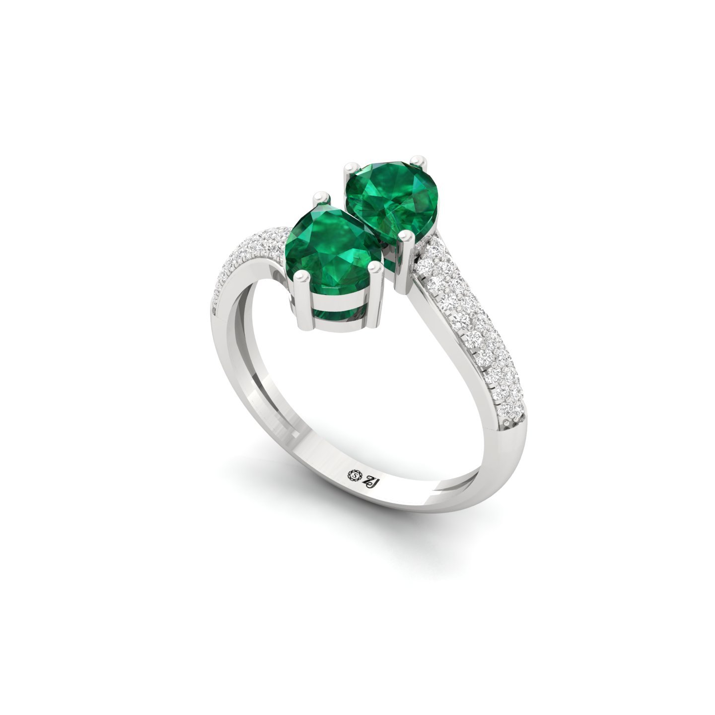 Pear Shape Emerald Diamond Ring | Double Pear Lab Grown Gemstone Ring with Diamond Accents | 925 Silver | 10K | 14K | 18K - View 2