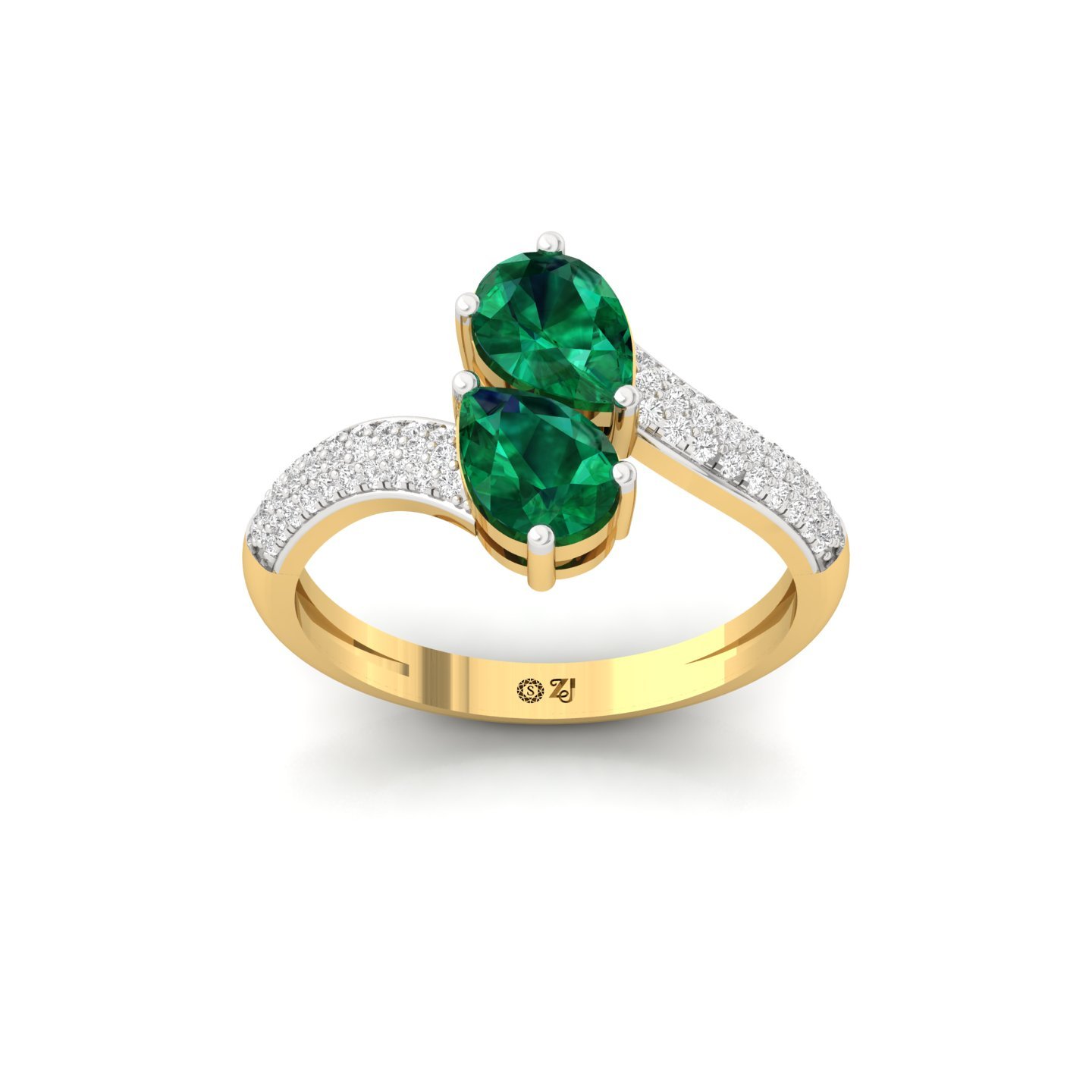 Pear Shape Emerald Diamond Ring | Double Pear Lab Grown Gemstone Ring with Diamond Accents | 925 Silver | 10K | 14K | 18K - Gold Main View