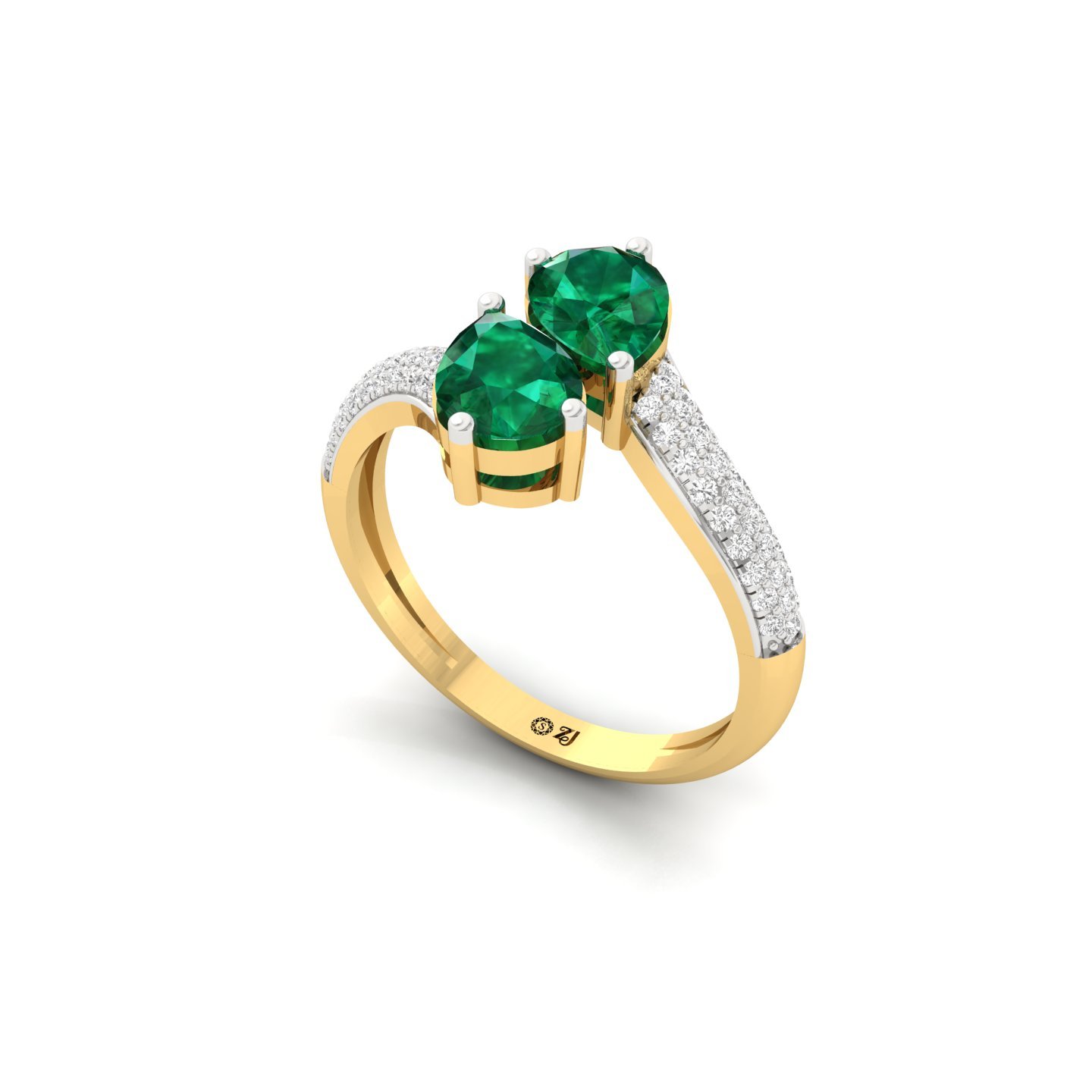 Pear Shape Emerald Diamond Ring | Double Pear Lab Grown Gemstone Ring with Diamond Accents | 925 Silver | 10K | 14K | 18K - View 2