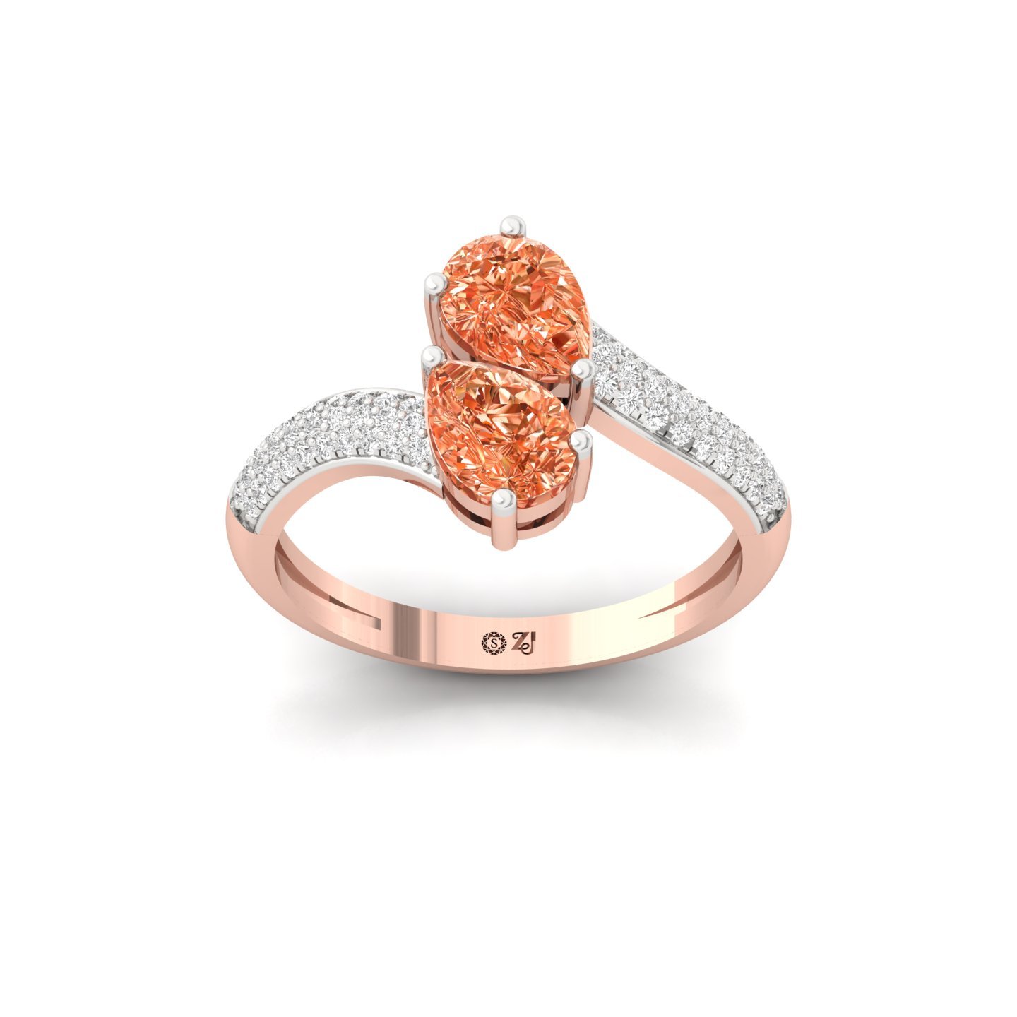 Pear Shape Orange Diamond Ring | Double Pear Lab Grown Gemstone Ring with Diamond Accents | 925 Silver | 10K | 14K | 18K - Rose Gold Main View