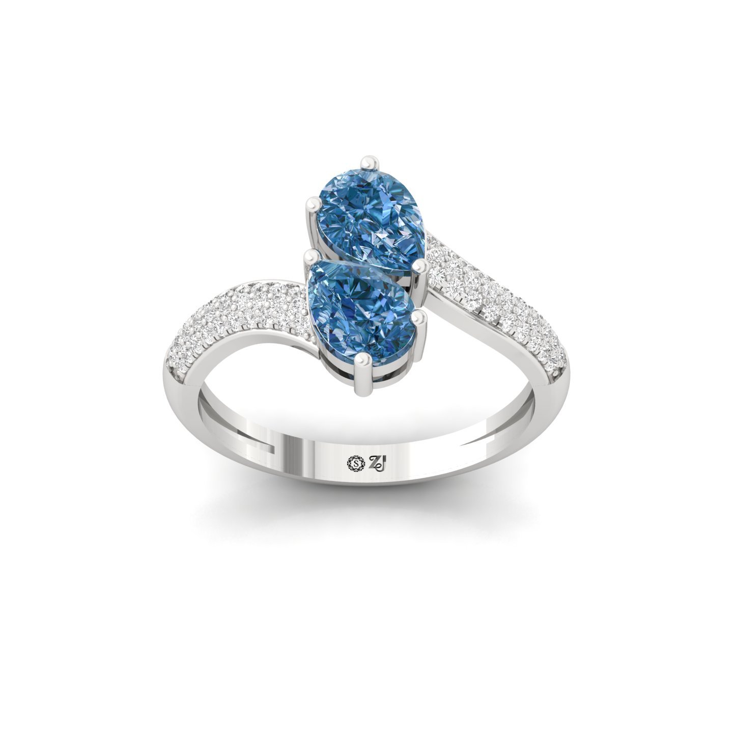 Pear Shape Blue Diamond Ring | Double Pear Lab Grown Gemstone Ring with Diamond Accents | 925 Silver | 10K | 14K | 18K - Main View