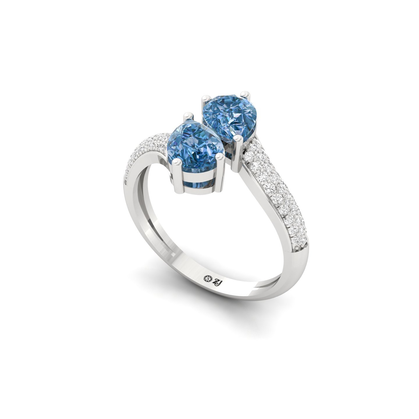 Pear Shape Blue Diamond Ring | Double Pear Lab Grown Gemstone Ring with Diamond Accents | 925 Silver | 10K | 14K | 18K - View 2