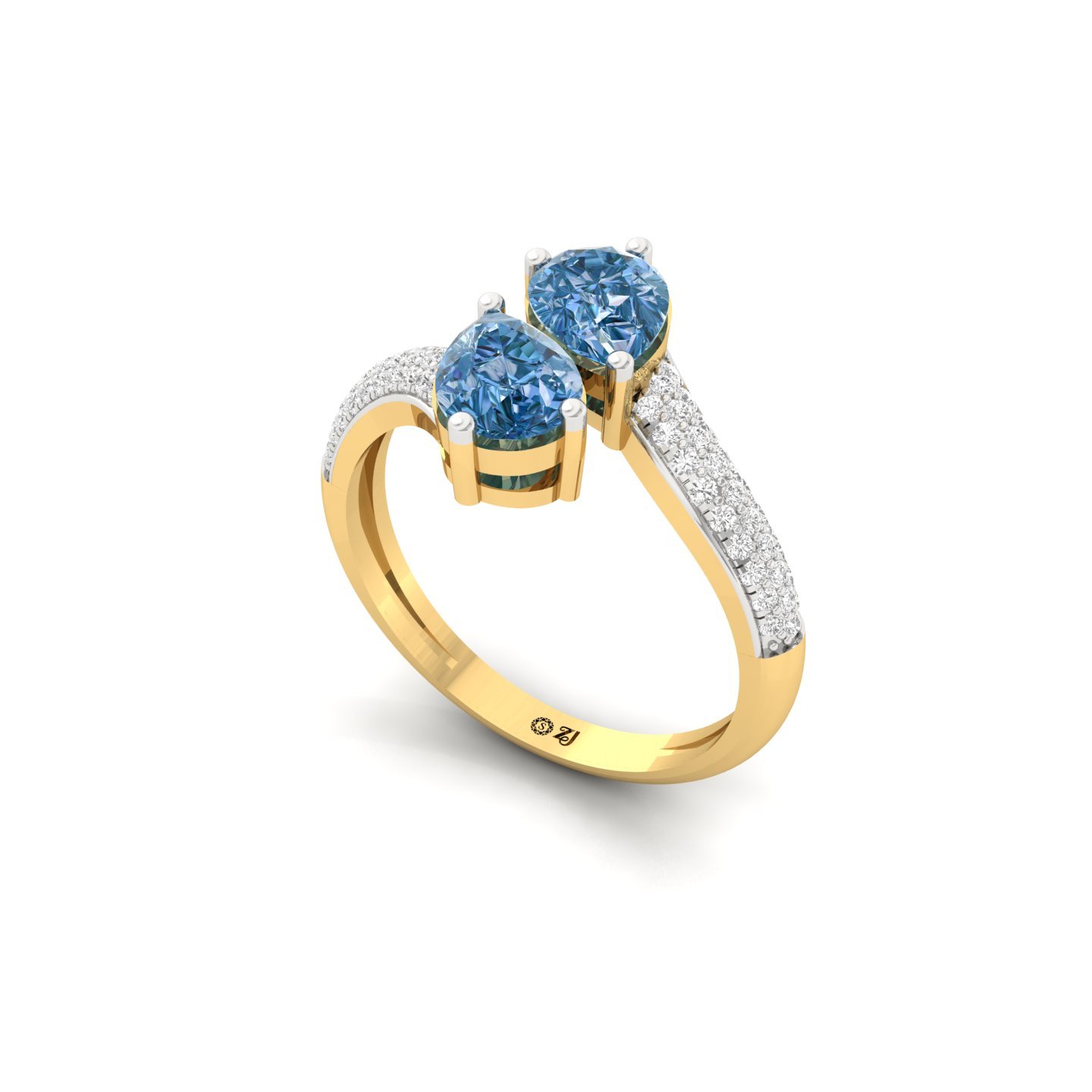 Pear Shape Blue Diamond Ring | Double Pear Lab Grown Gemstone Ring with Diamond Accents | 925 Silver | 10K | 14K | 18K - View 2