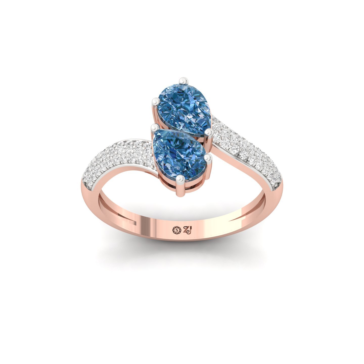 Pear Shape Blue Diamond Ring | Double Pear Lab Grown Gemstone Ring with Diamond Accents | 925 Silver | 10K | 14K | 18K - Rose Gold Main View
