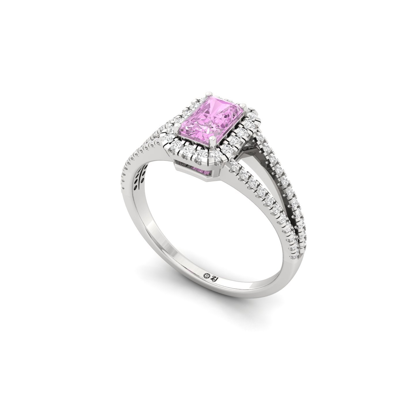 Pink Radiant Cut Diamond Halo Engagement Ring | Lab Grown Diamond Split Shank Ring | 925 Silver | 10K | 14K | 18K - View 2